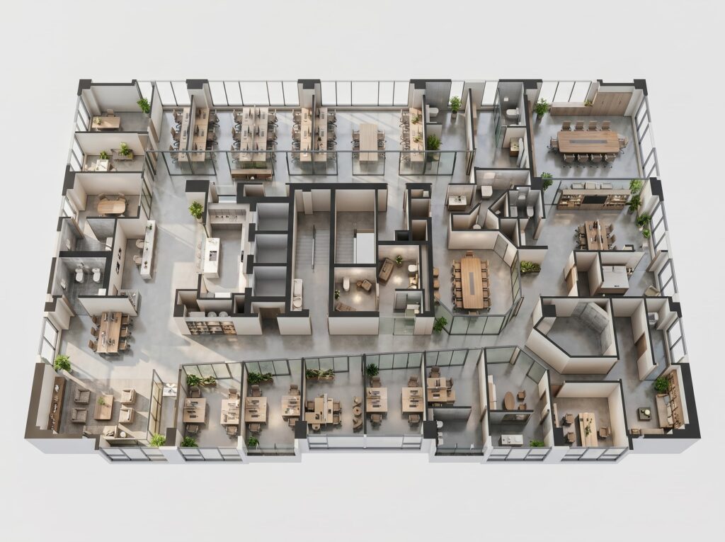 Top-down 3D office design showcasing conference rooms, workstations, and breakout areas.