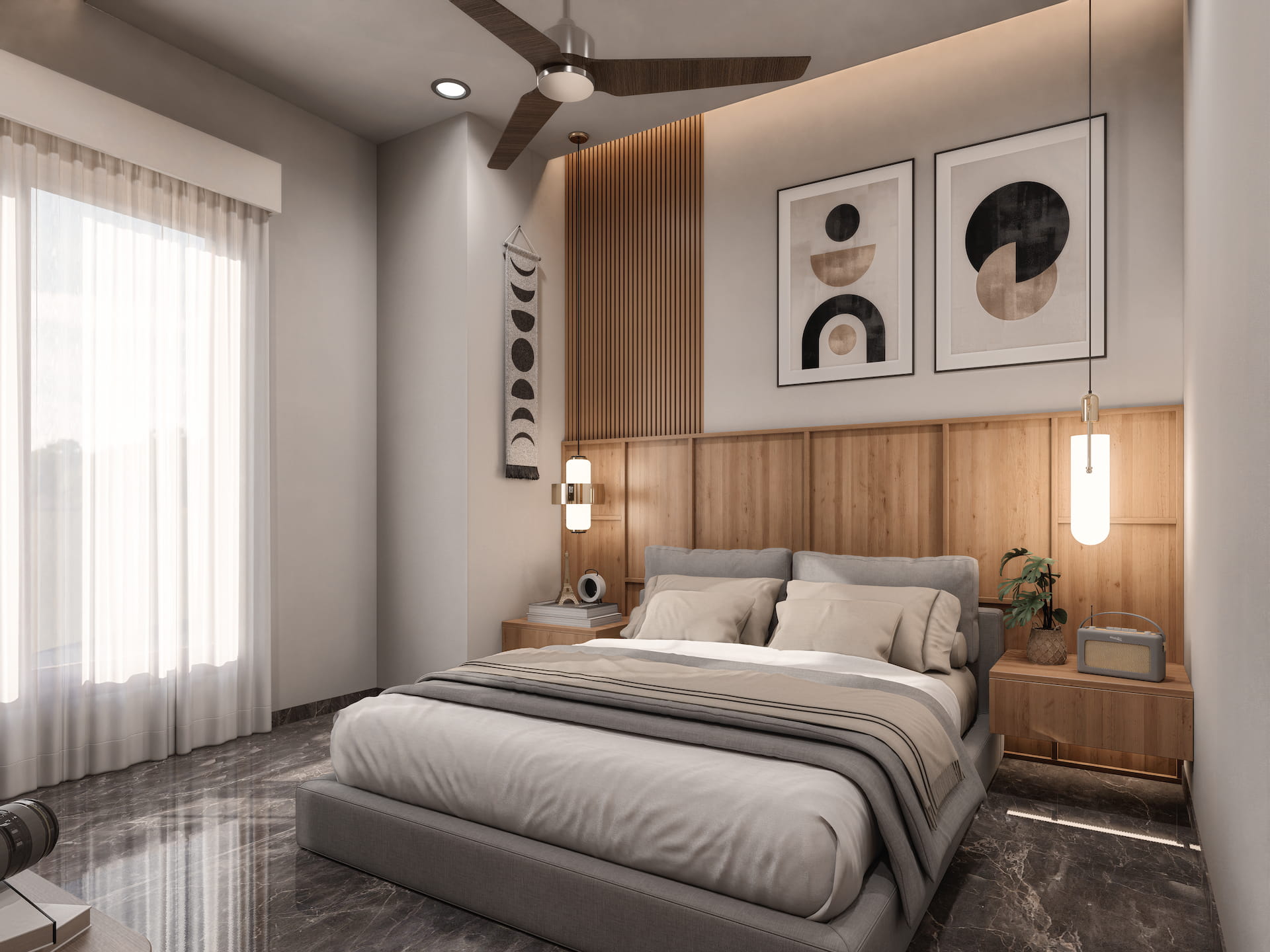 Modern minimalist bedroom with warm wood accents, soft lighting, and elegant contemporary décor.