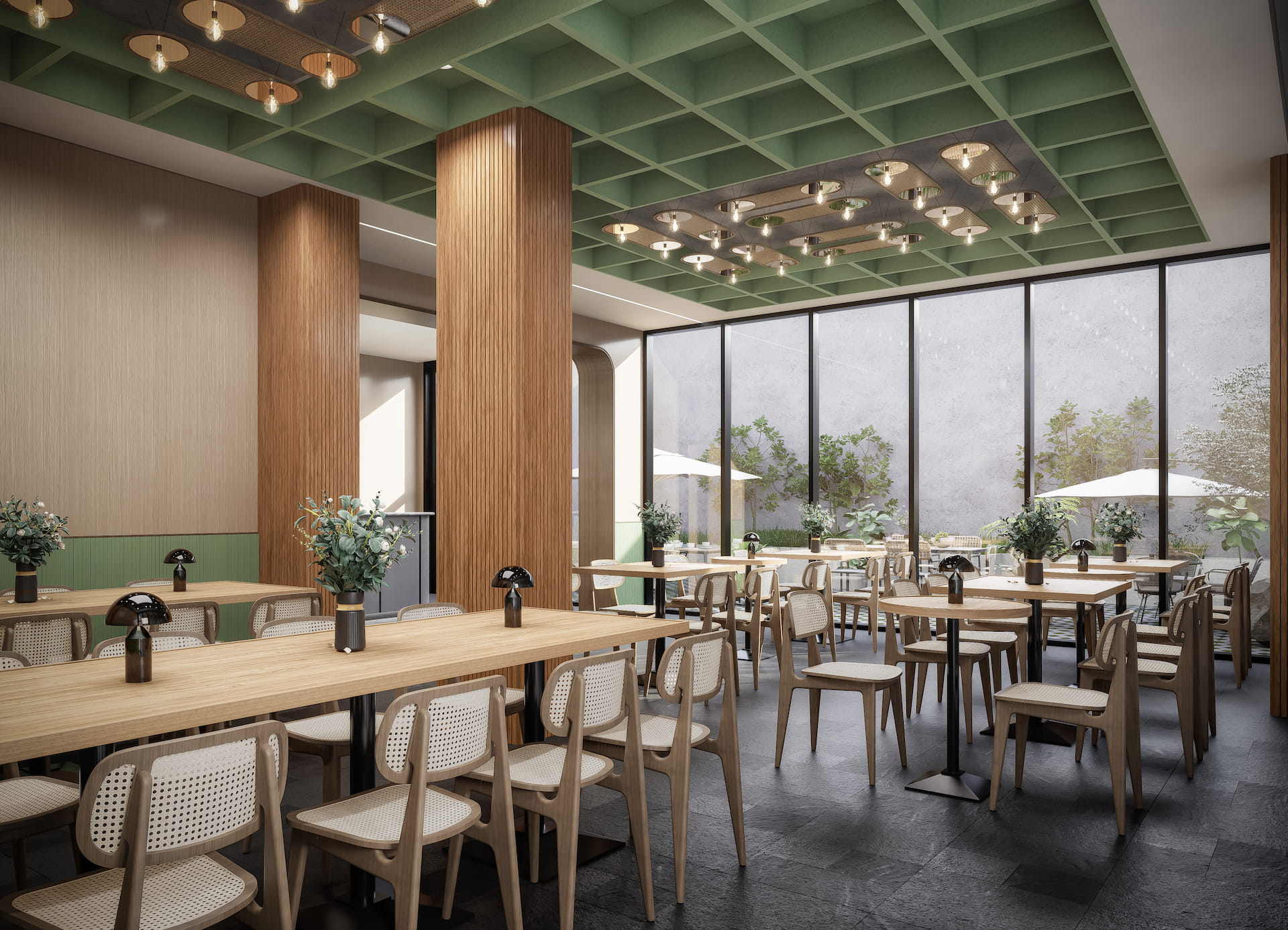 Modern luxury restaurant interior with warm wooden ceiling, elegant seating, and ambient pendant lighting.