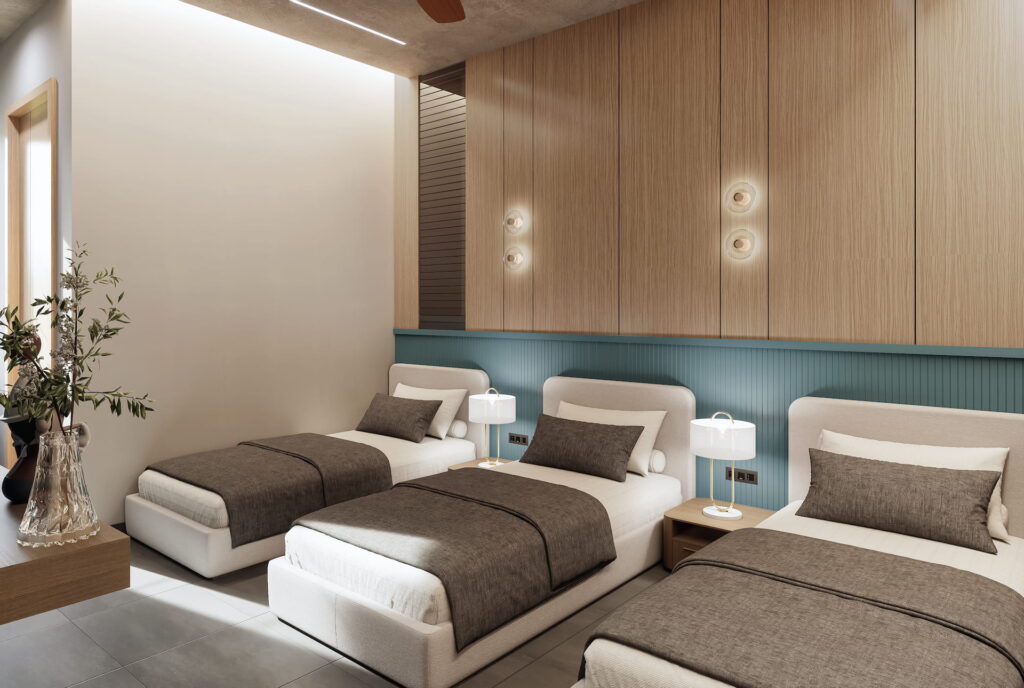 Contemporary hotel style twin bed room with wall lighting and city view
