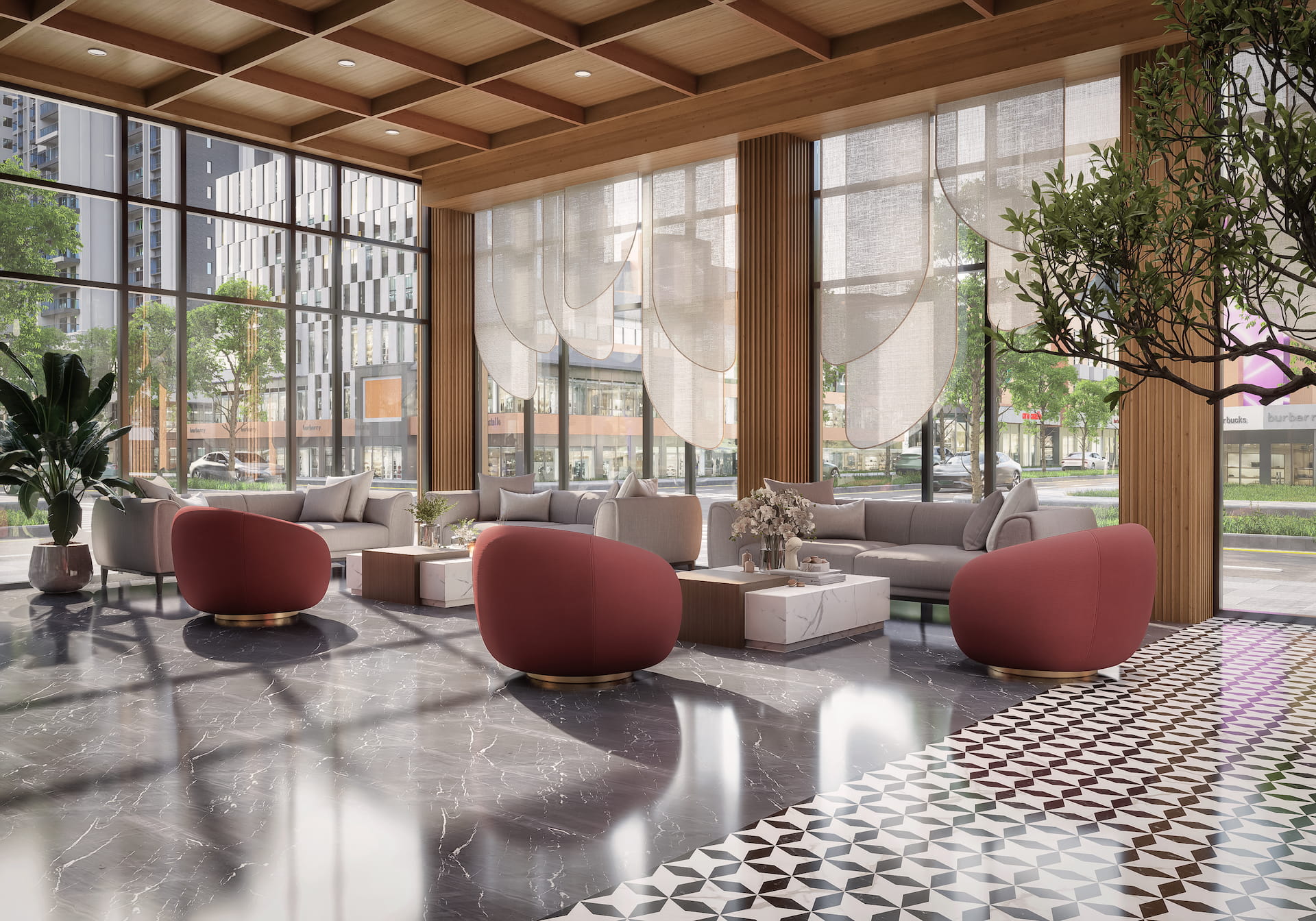 Modern hotel reception lobby with luxury seating, wooden ceiling design, and elegant pendant lighting in 3D interior rendering.