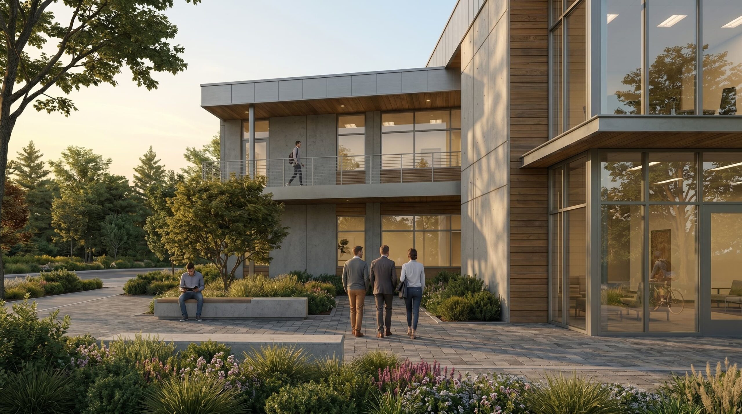 Architectural visualization of a two-story commercial building with a landscaped pathway.