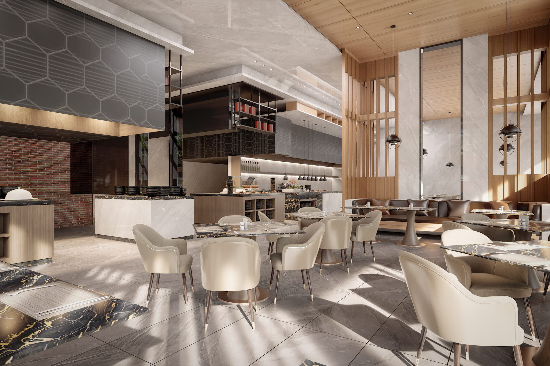 3D render of a luxury modern restaurant with marble tables, beige chairs, and warm wood accents.