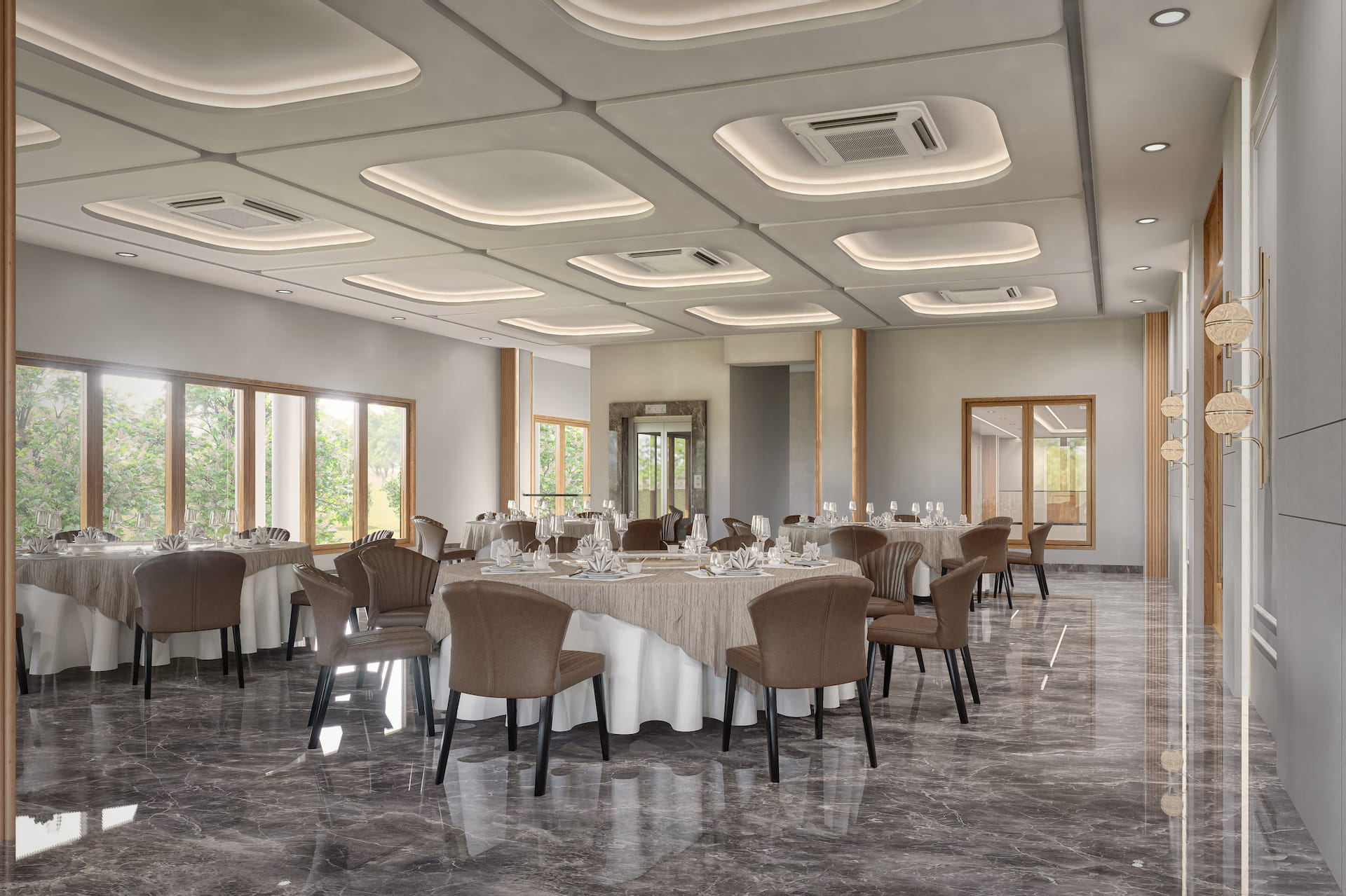 Modern banquet hall interior with round dining tables, marble flooring, and large panoramic windows.