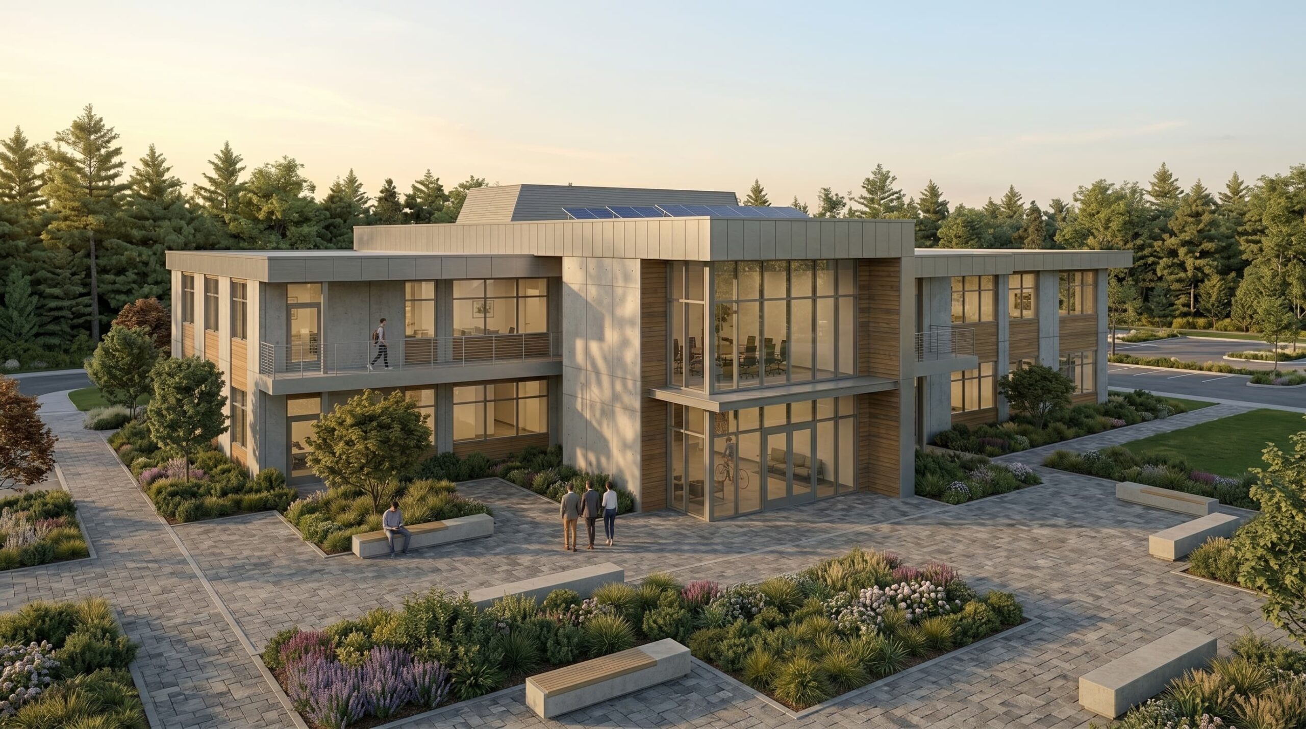 3D architectural rendering of a modern concrete and glass office building in Austin.