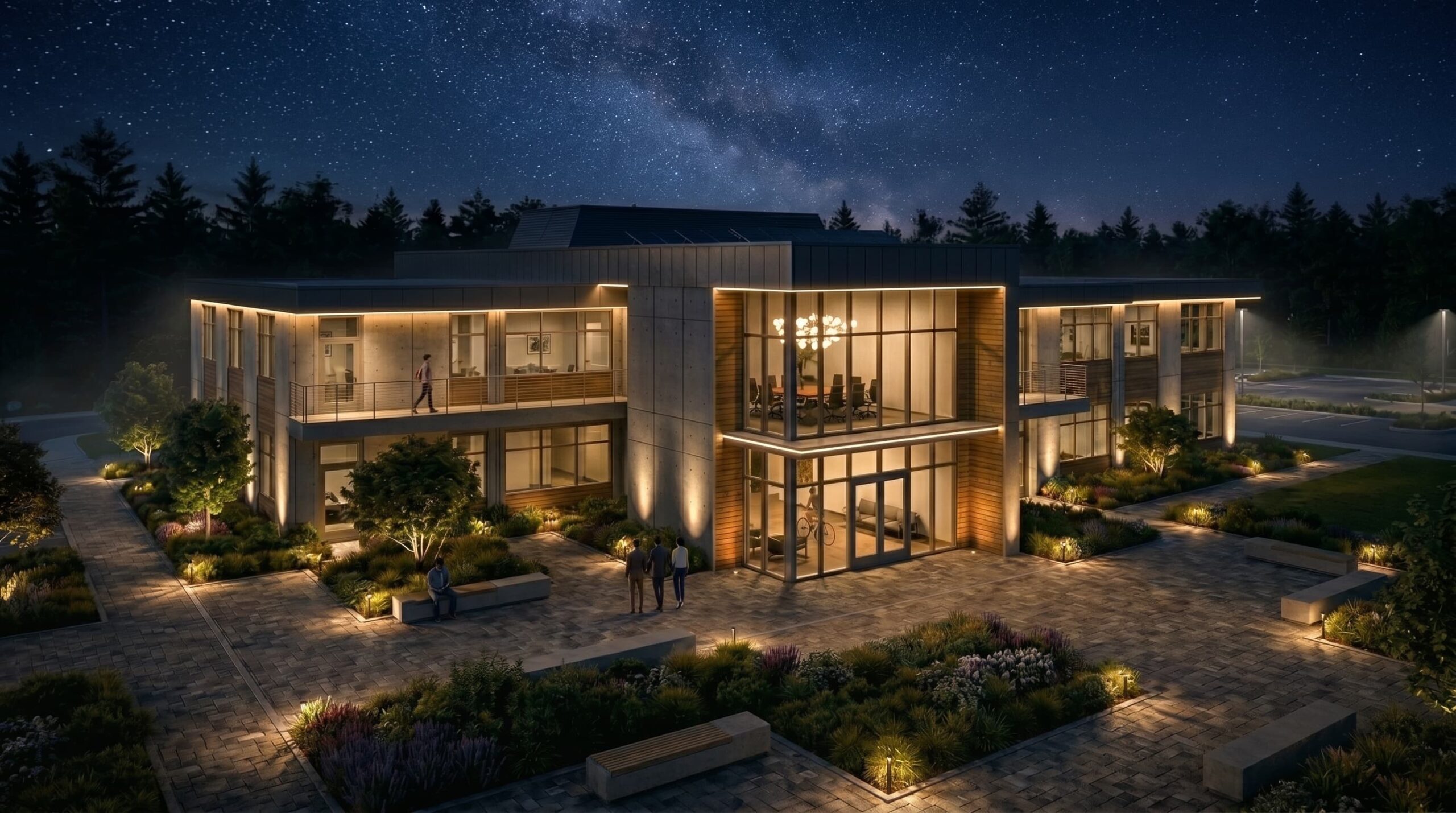 Modern commercial building rendering featuring a stone walkway, trees, and people.