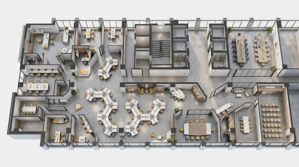 Clean, bright commercial office layout 3D visualization with ample natural light.