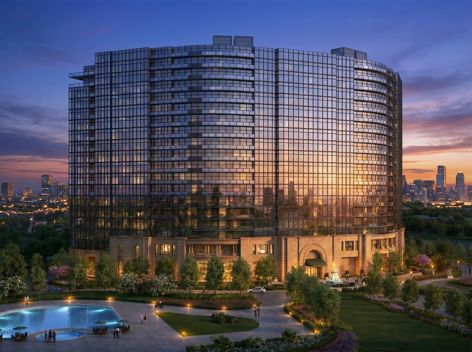 Luxury modern high-rise glass tower exterior rendering at sunset