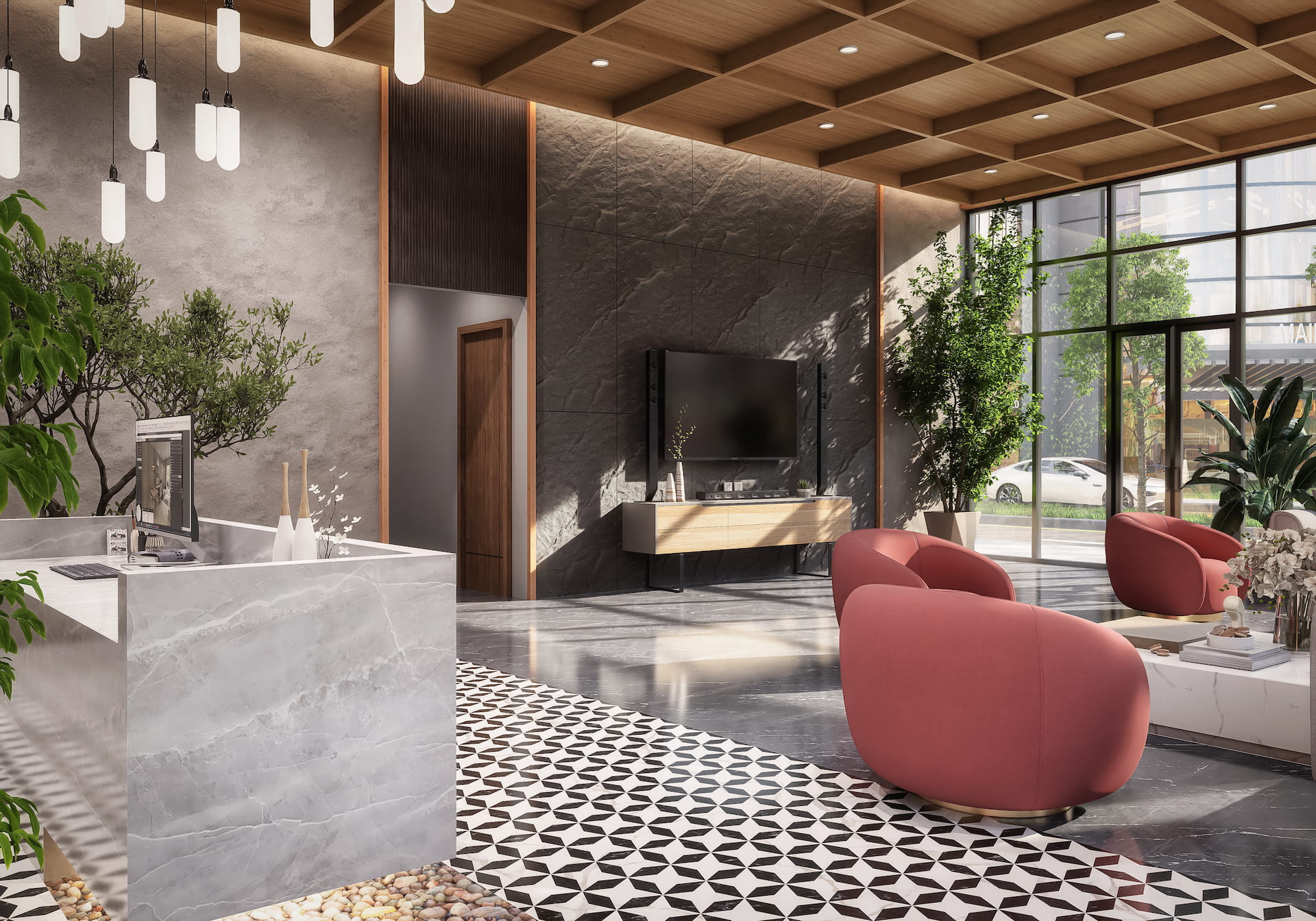 Contemporary commercial lobby interior with marble flooring, designer lighting, and modern lounge seating rendered in 3D.