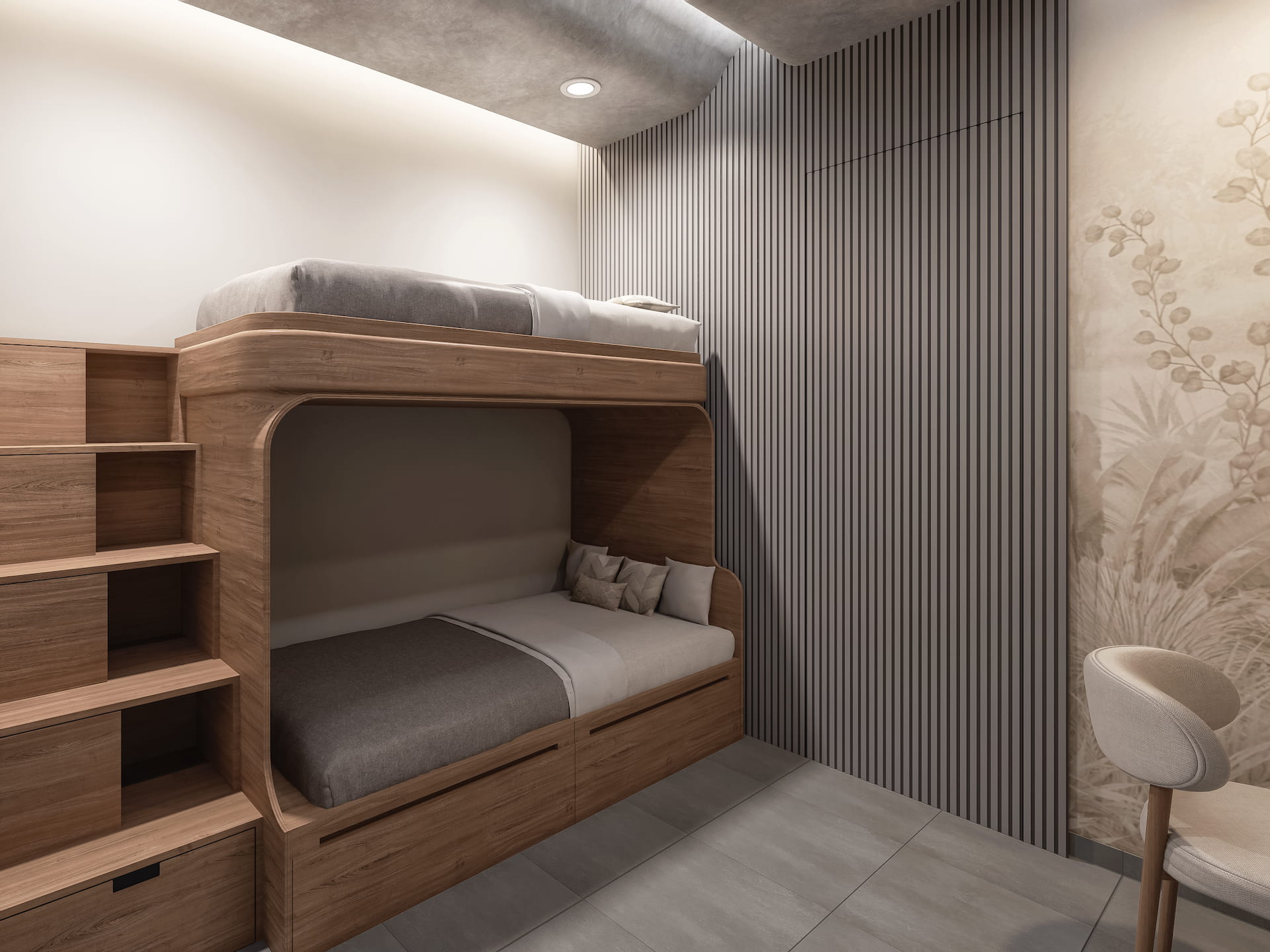 Luxury twin bed bedroom with soft lighting and decorative wall panels
