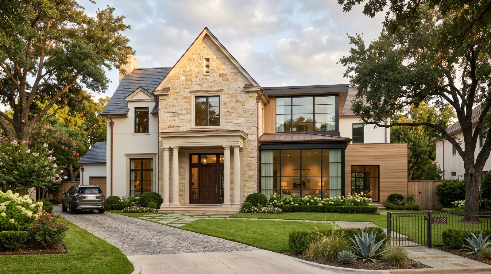 Luxury modern villa exterior with stone facade, large glass windows, landscaped lawn, and elegant driveway in Texas, USA.