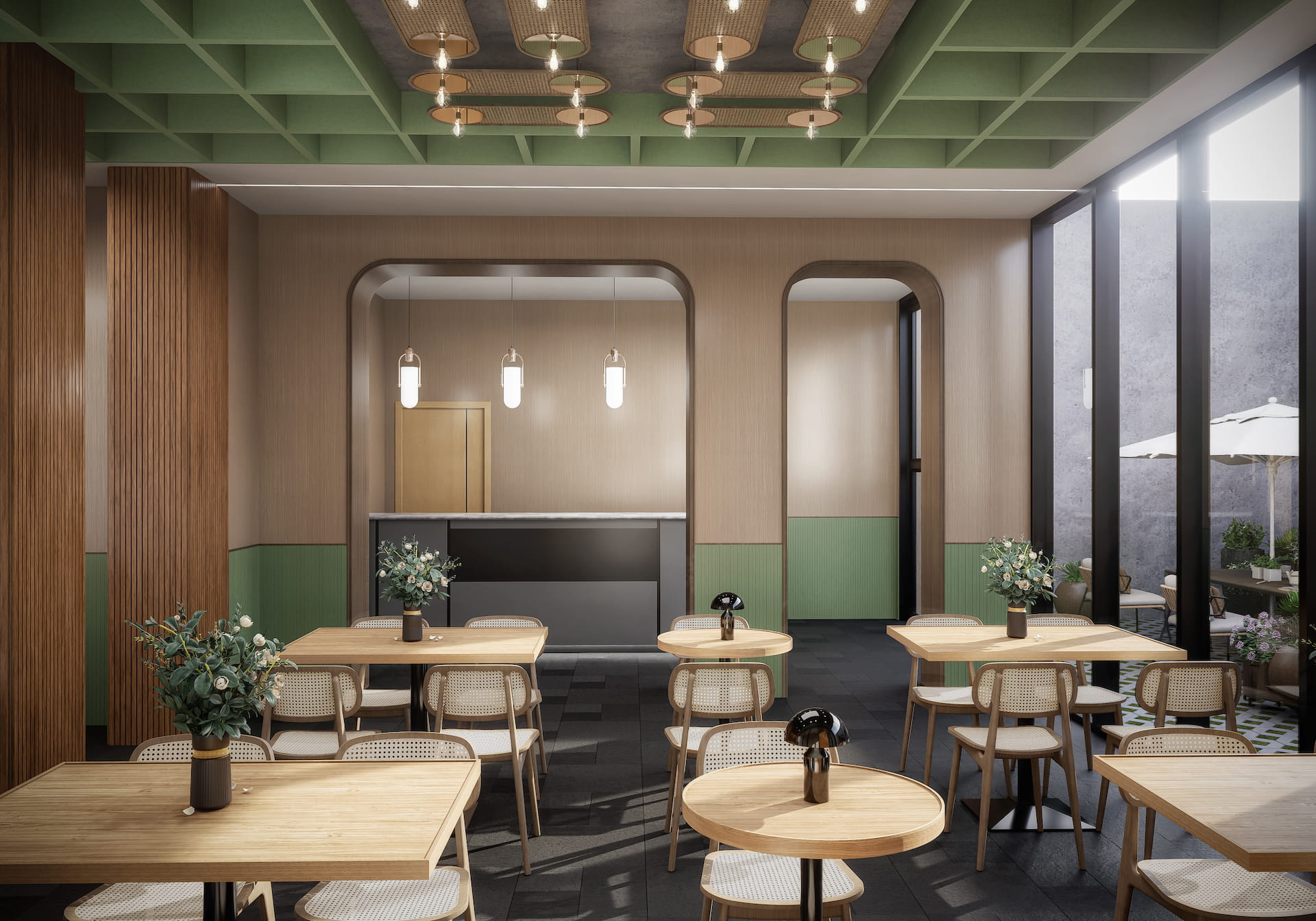Elegant dining restaurant visualization with marble flooring, soft daylight, and modern décor elements.