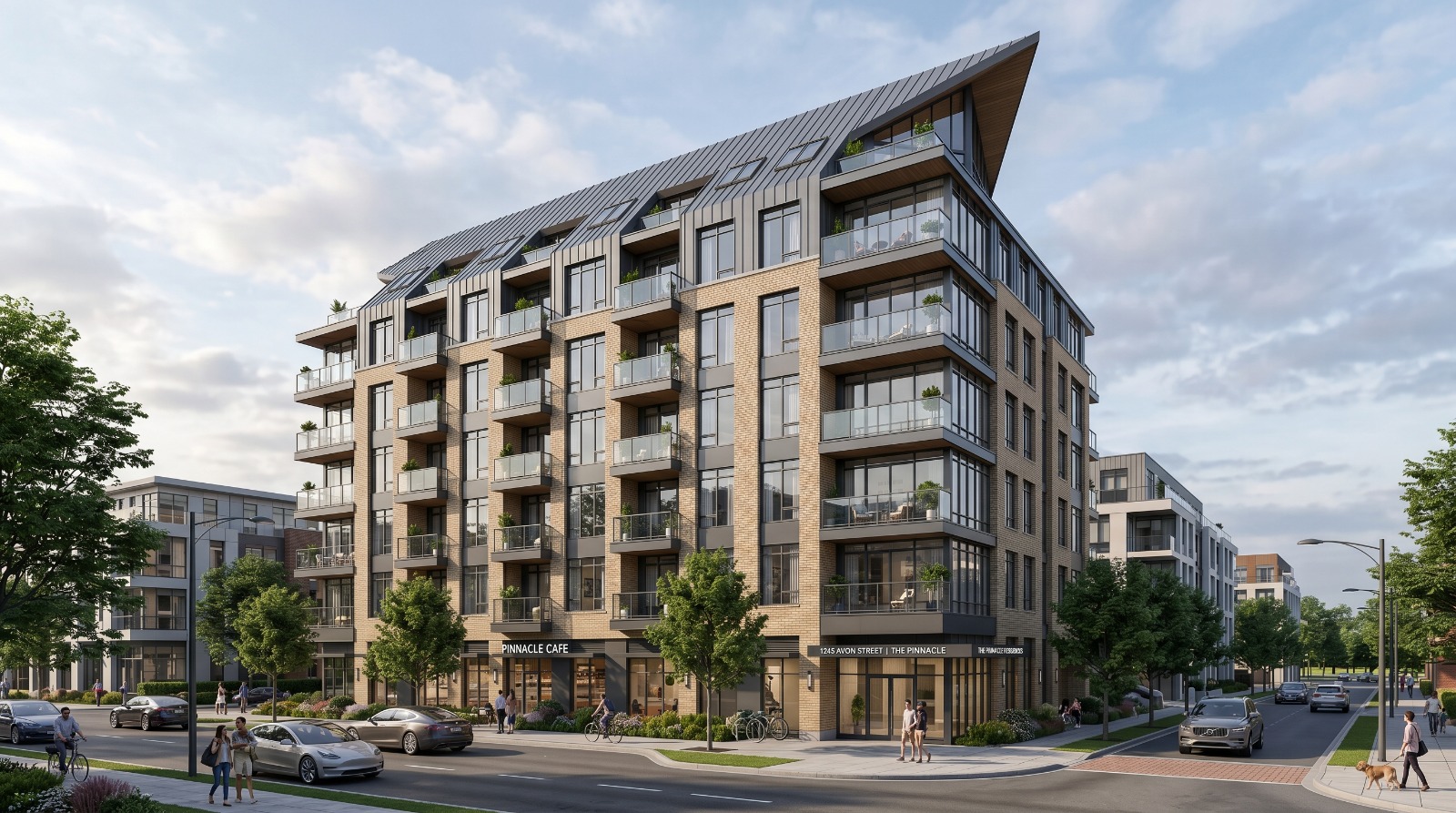Contemporary apartment exterior rendering with street-side commercial spaces and modern design.