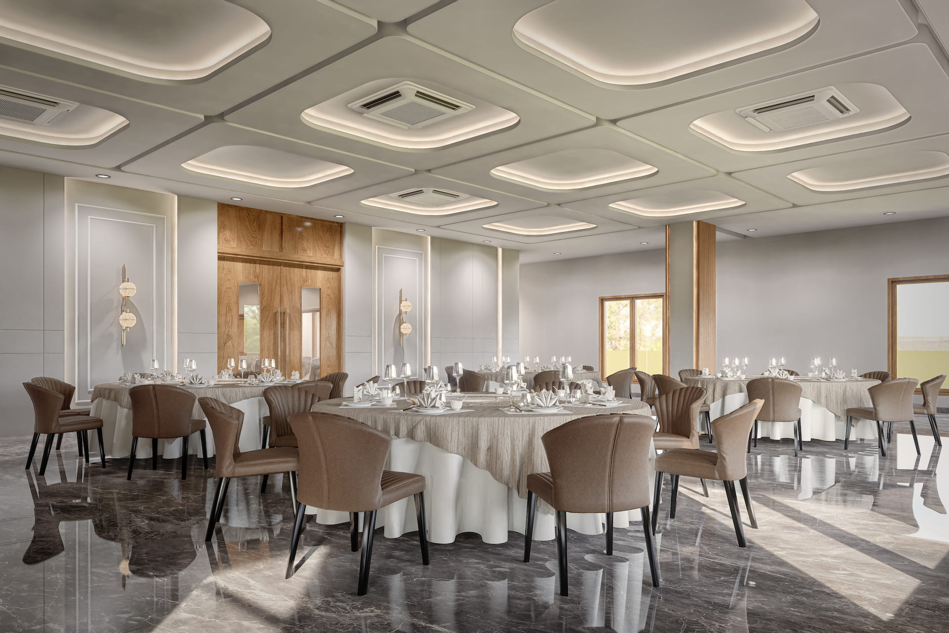 Luxury event hall with sophisticated ceiling design, spacious dining layout, and natural daylight.