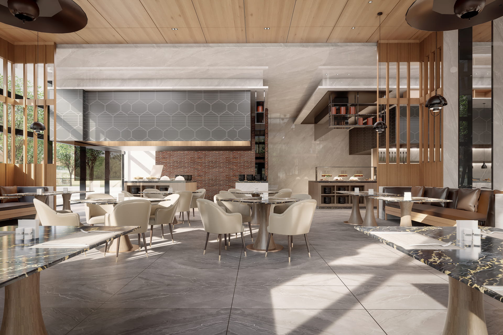 Interior visualization of an open-concept restaurant with buffet stations and dining seating.