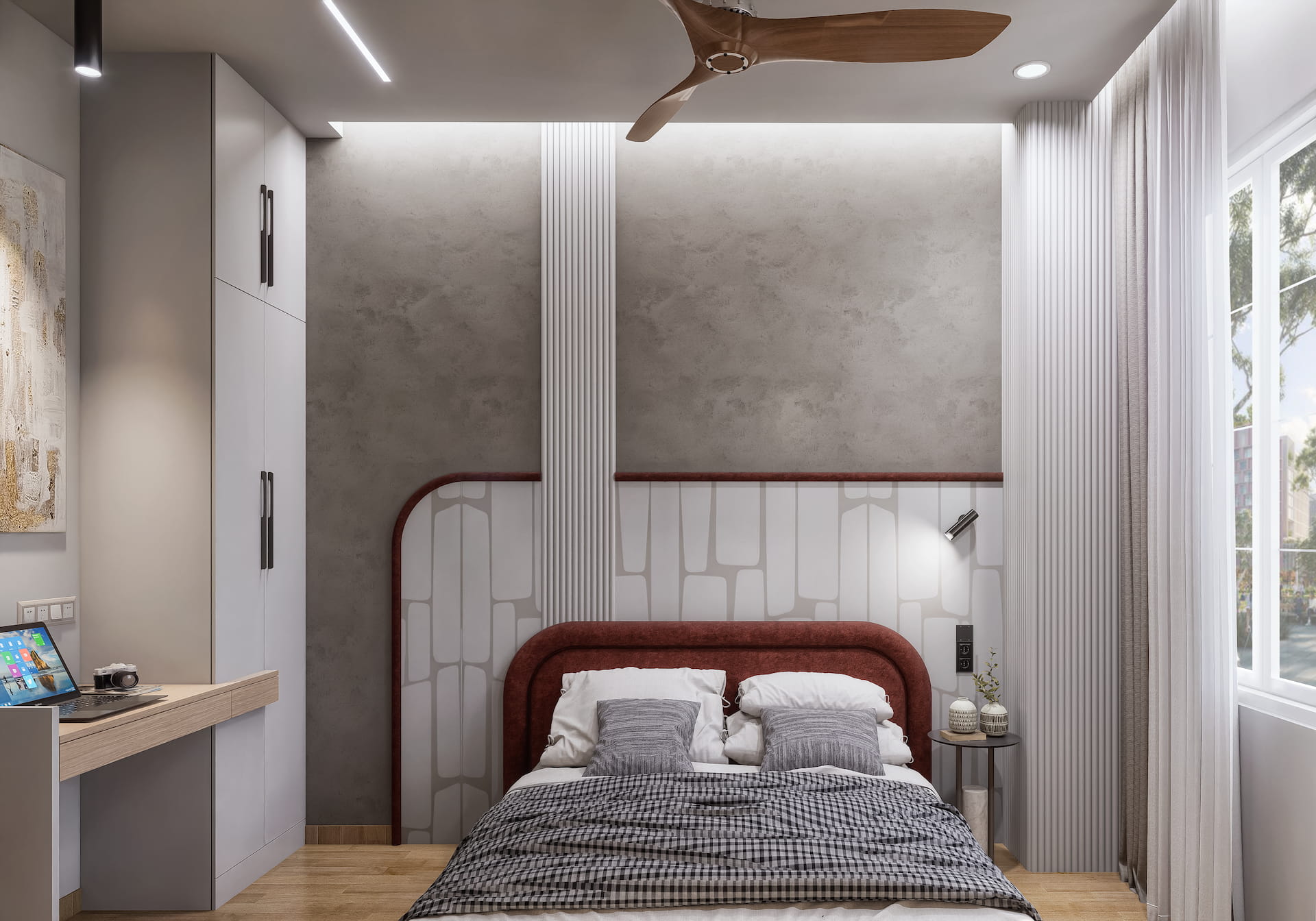 Modern bedroom with twin beds, abstract wall art, and ceiling fan