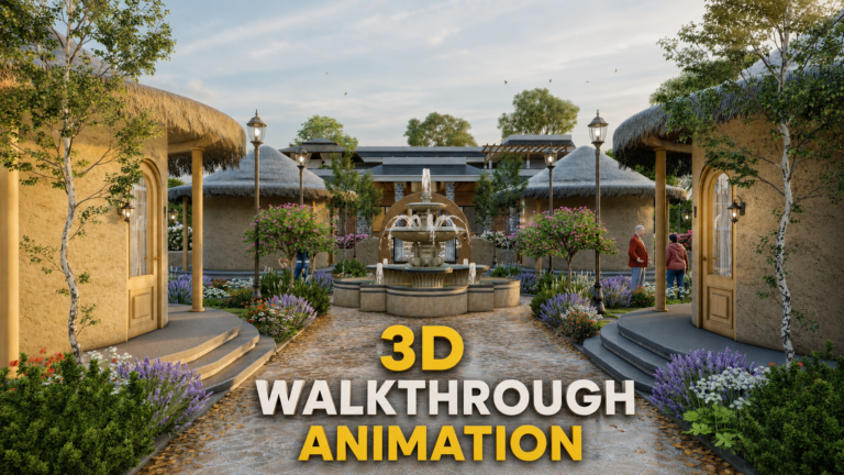 Photorealistic 3D exterior and interior walkthrough animation of a luxury resort-style architectural design.
