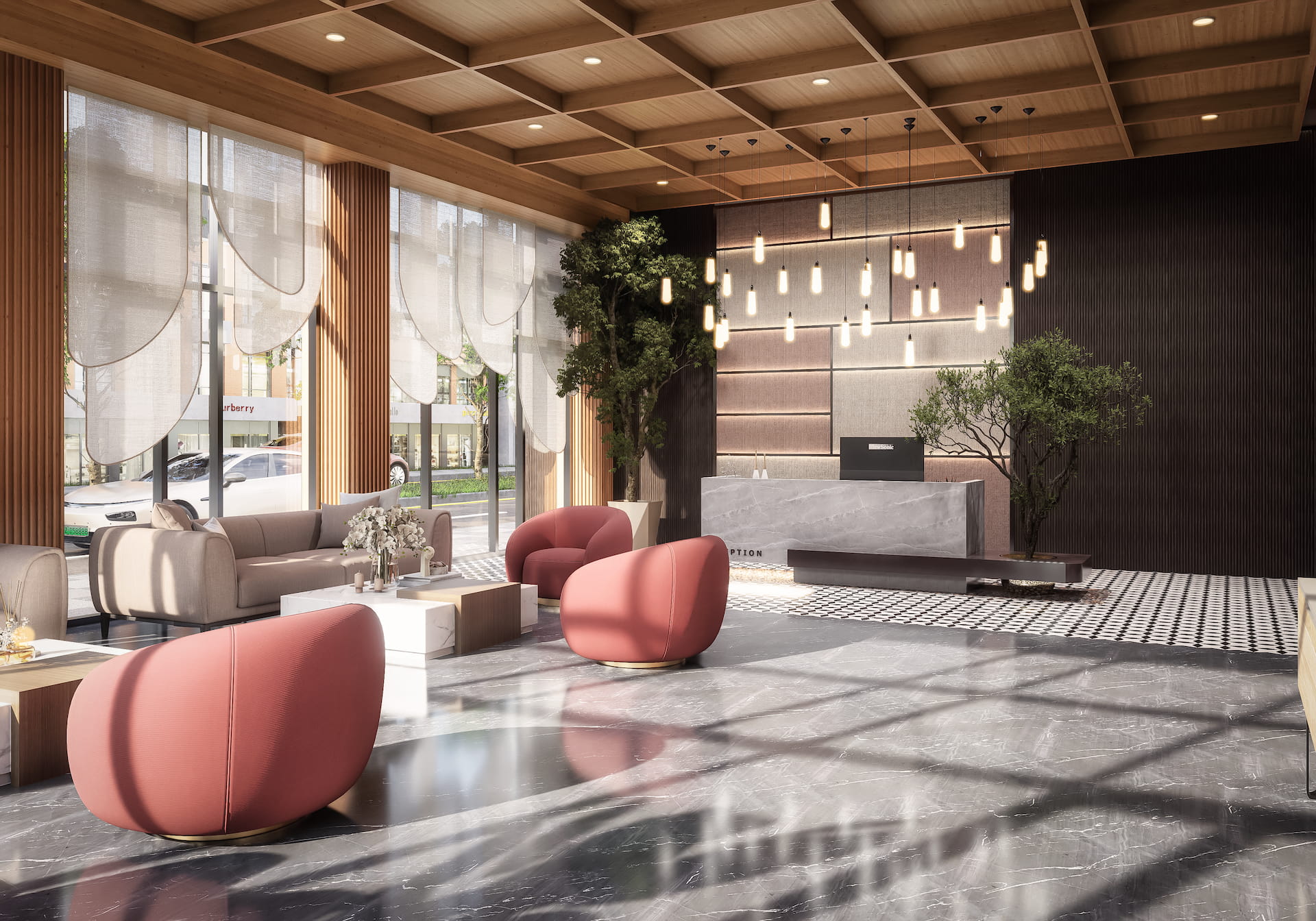 Elegant reception area interior with modern furniture, ceiling grid design, and luxury architectural lighting in 3D render.