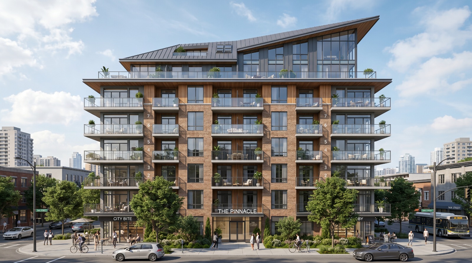 Modern mixed-use apartment building with glass balconies and contemporary urban architecture.