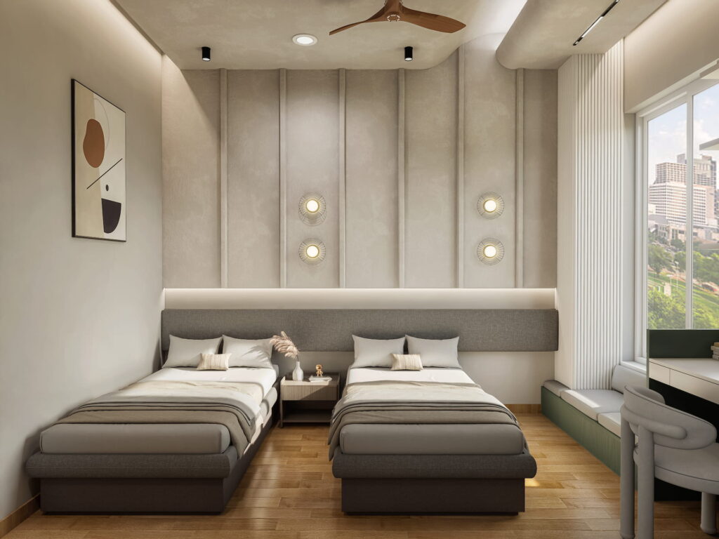 Twin bed modern bedroom with warm lighting and elegant wall panels