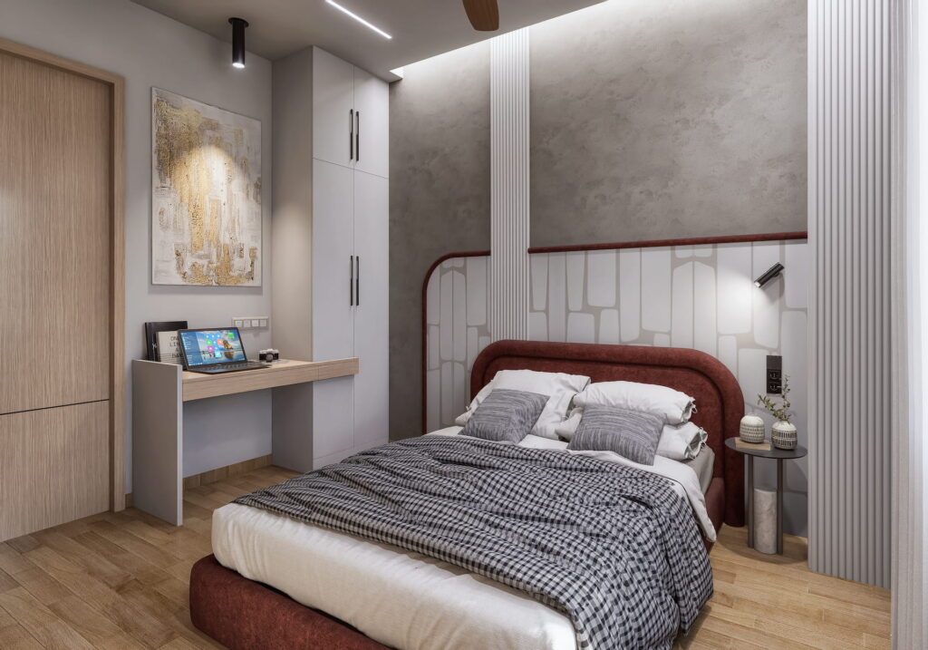 Contemporary apartment bedroom with twin beds and city view window