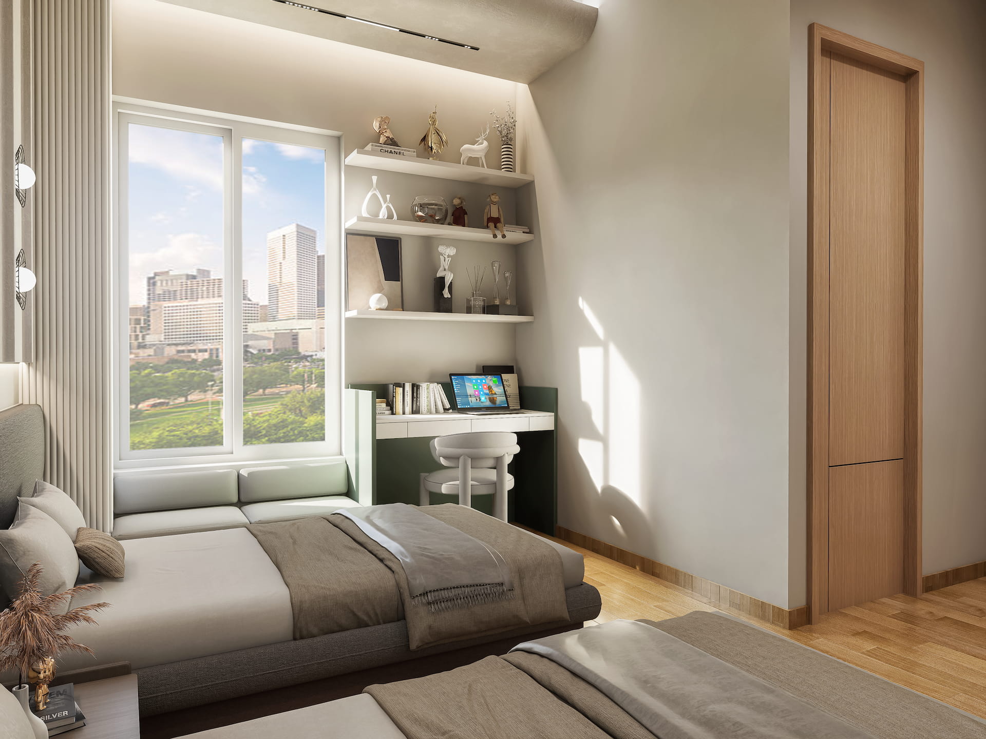 Scandinavian twin bedroom with minimal decor and natural wood floor