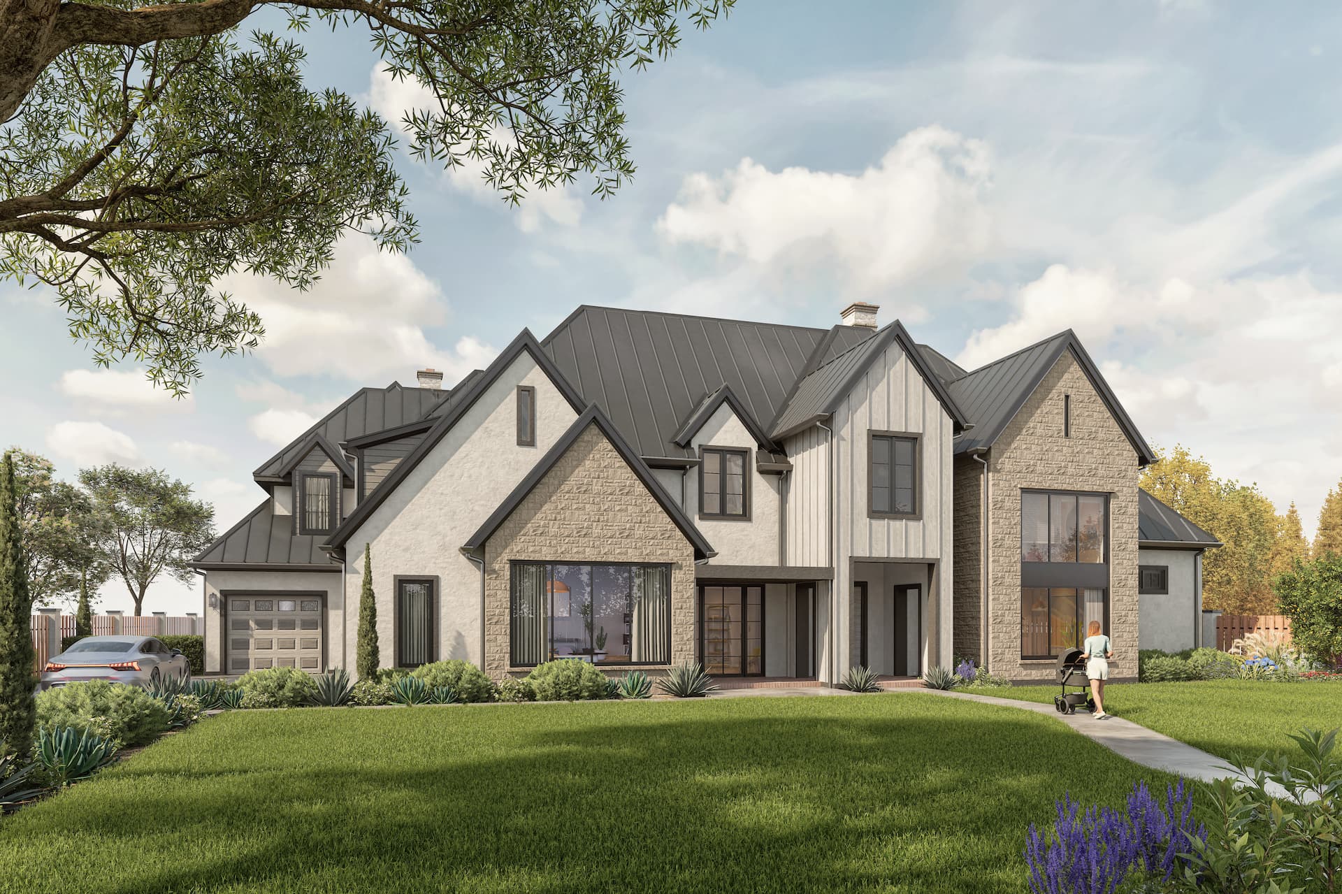 Luxury Suburban Villa Front Exterior 3D Rendering by Archi World Design Studio'