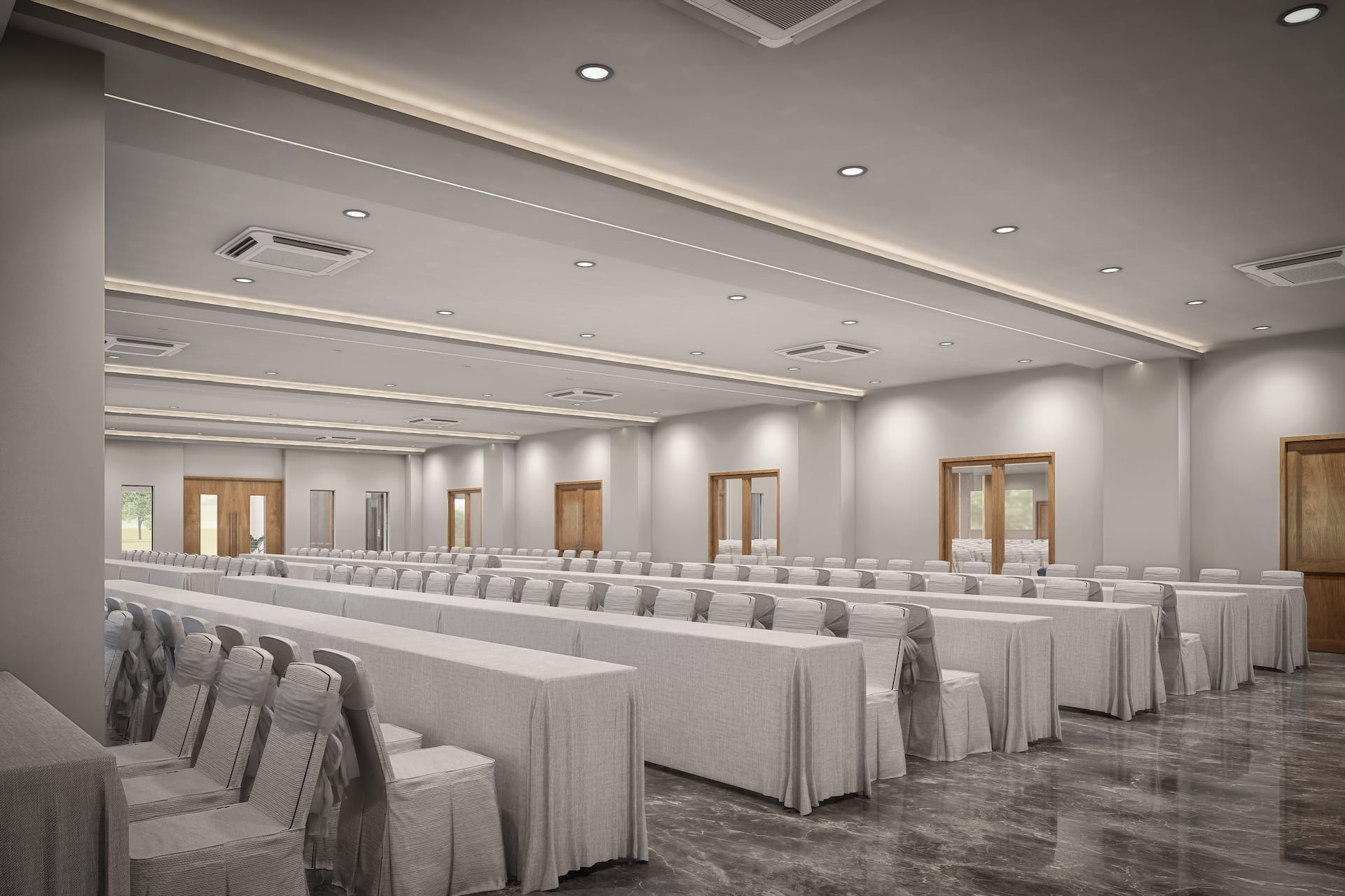 Contemporary banquet auditorium with stylish ceiling lights and symmetrical chair arrangements.