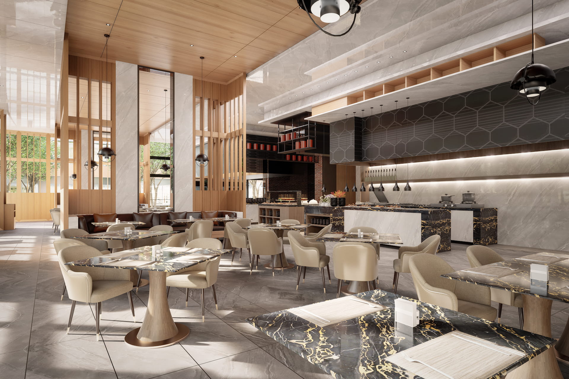 Photorealistic rendering of a restaurant interior showing dramatic sunlight patterns on the floor.