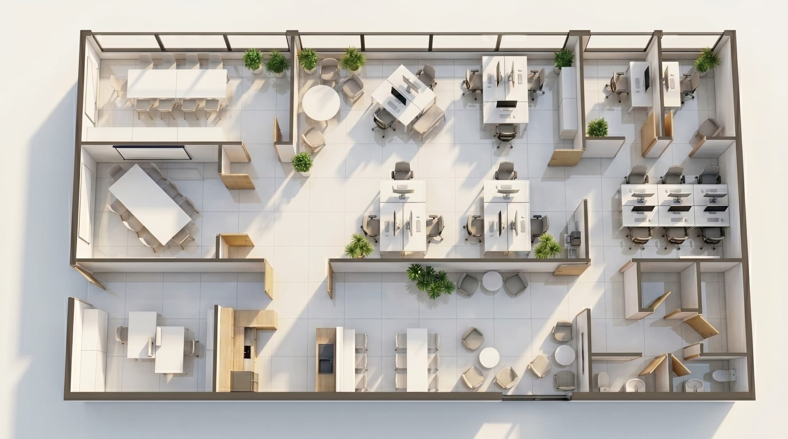 Overhead architectural 3D rendering of a bright corporate workspace layout.
