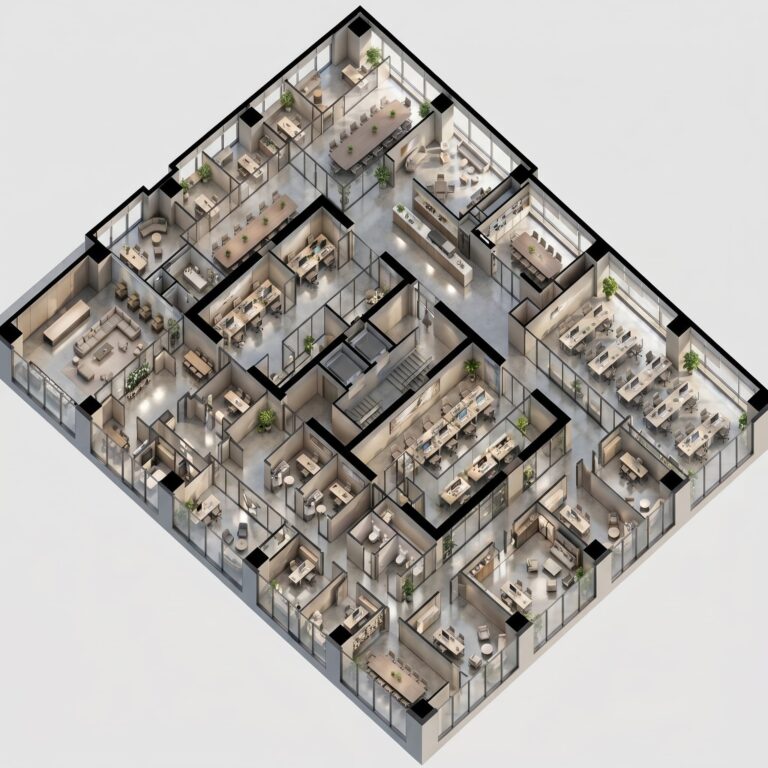 3D top-down view of a modern minimalist office floor plan in ceramic white.