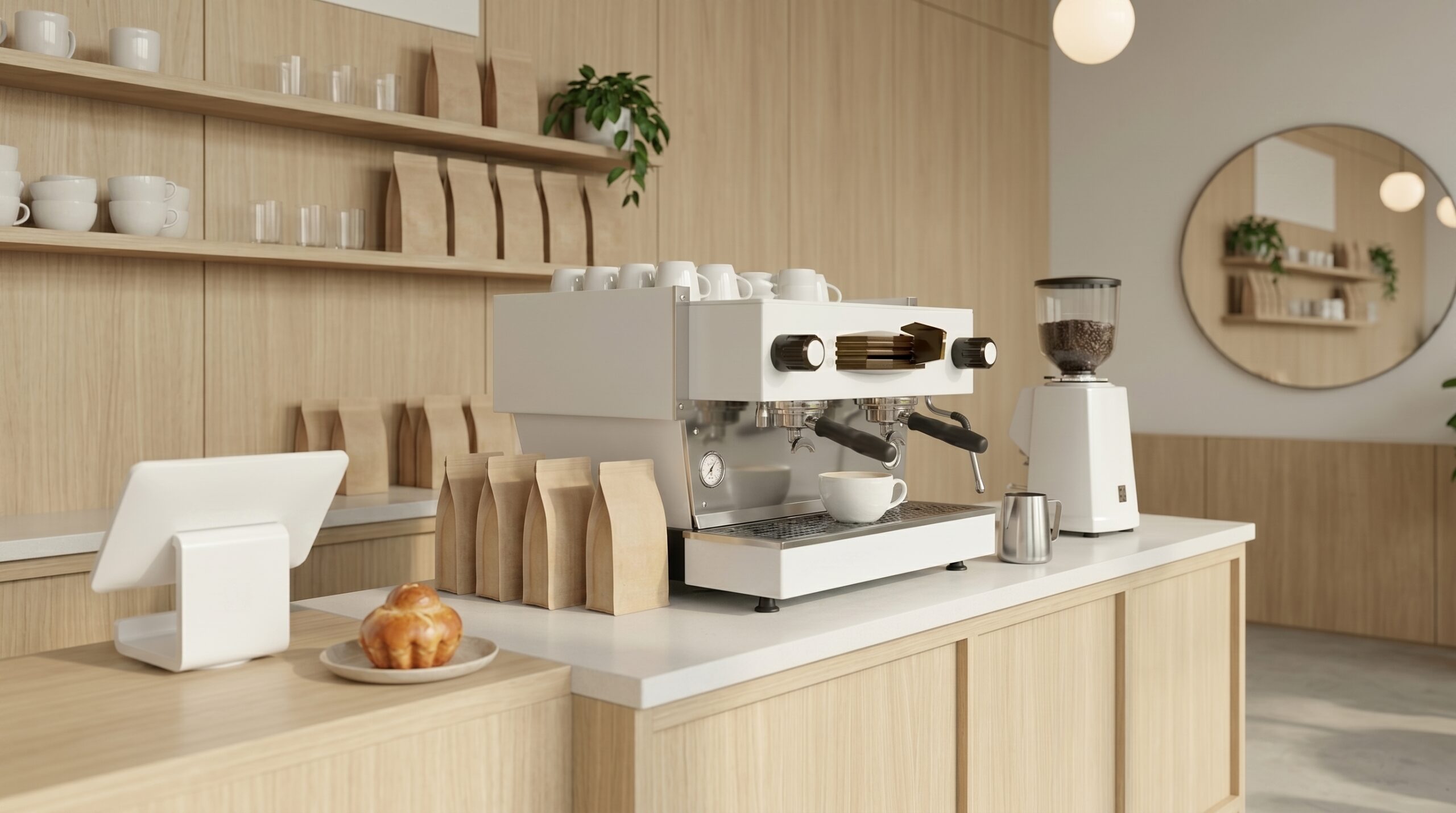 Scandinavian-style café counter with espresso equipment, wooden shelving, and soft ambient lighting.