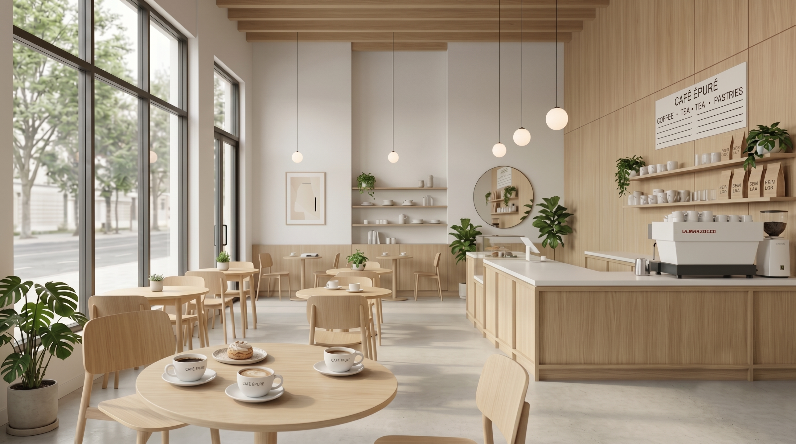 Minimalist café interior with natural wood furniture, large windows, and bright Scandinavian-inspired design.