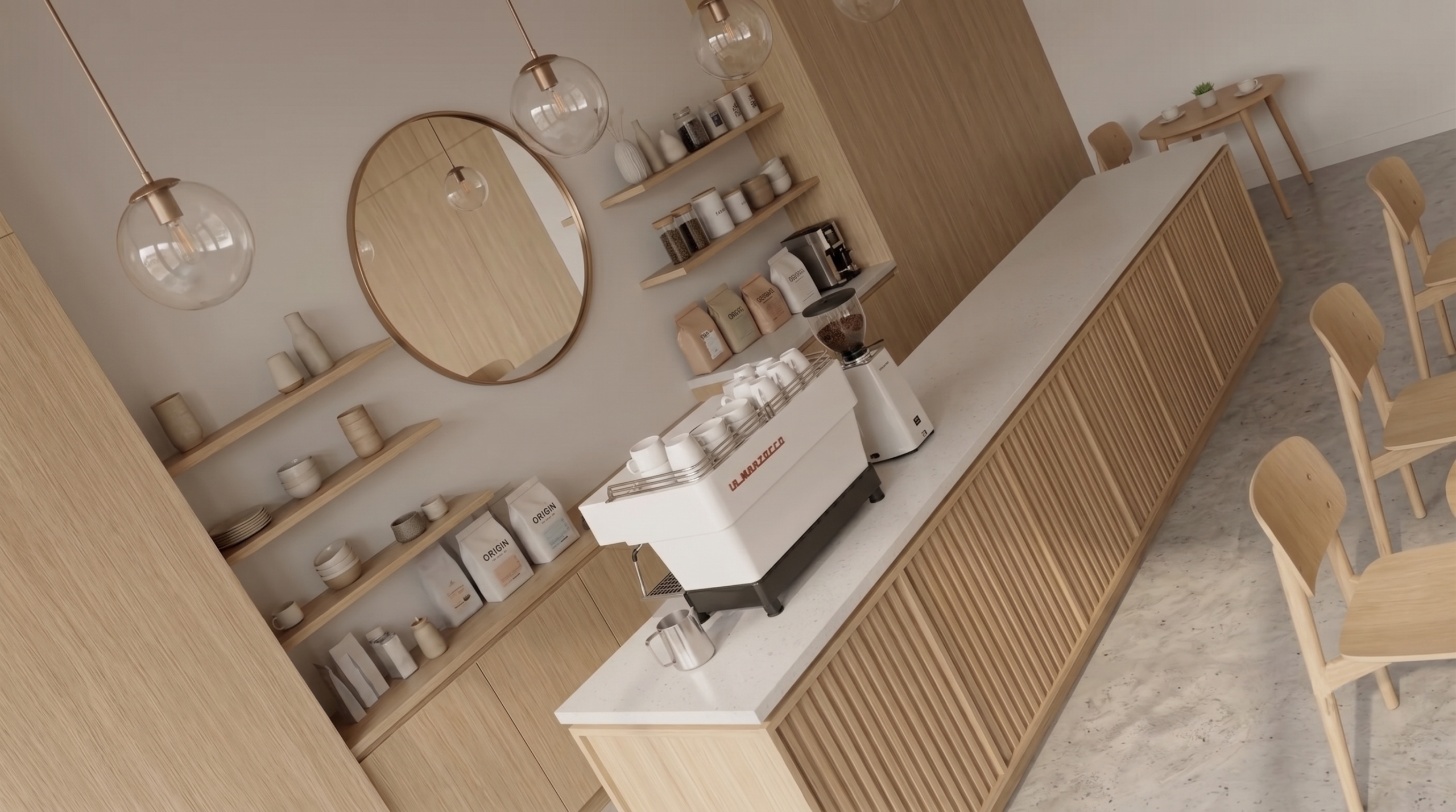 Modern coffee bar counter with espresso machine, coffee grinder, and warm wood interior finishes.
