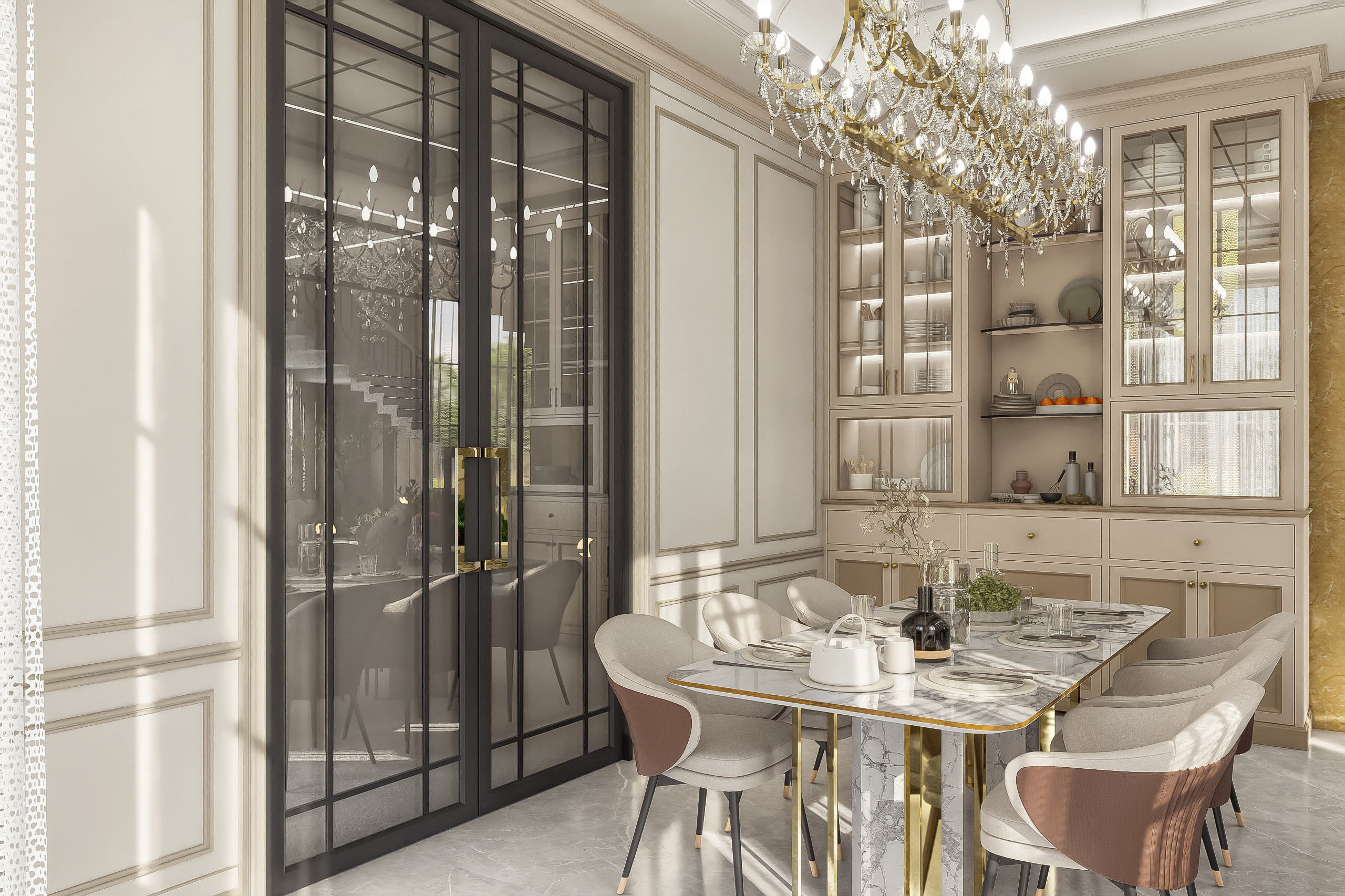 Luxury dining room featuring a marble dining table, crystal chandelier, and modern classic cabinetry.