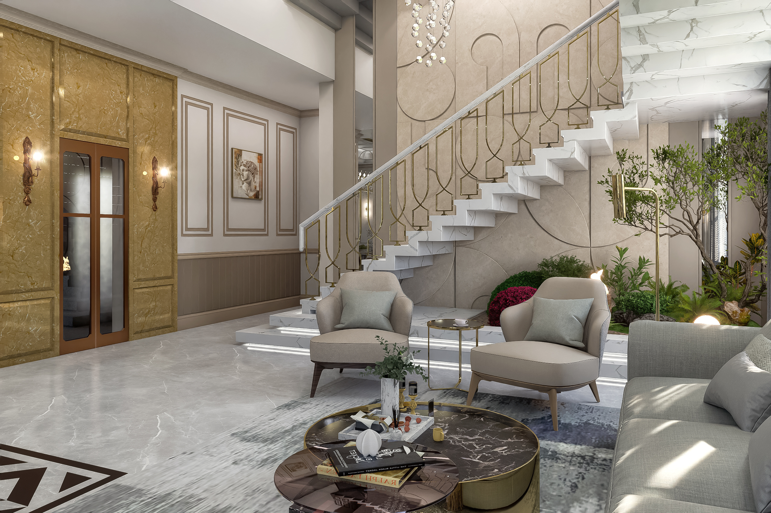 Elegant living room with marble staircase, gold railing, luxury seating, and modern classic interiors.