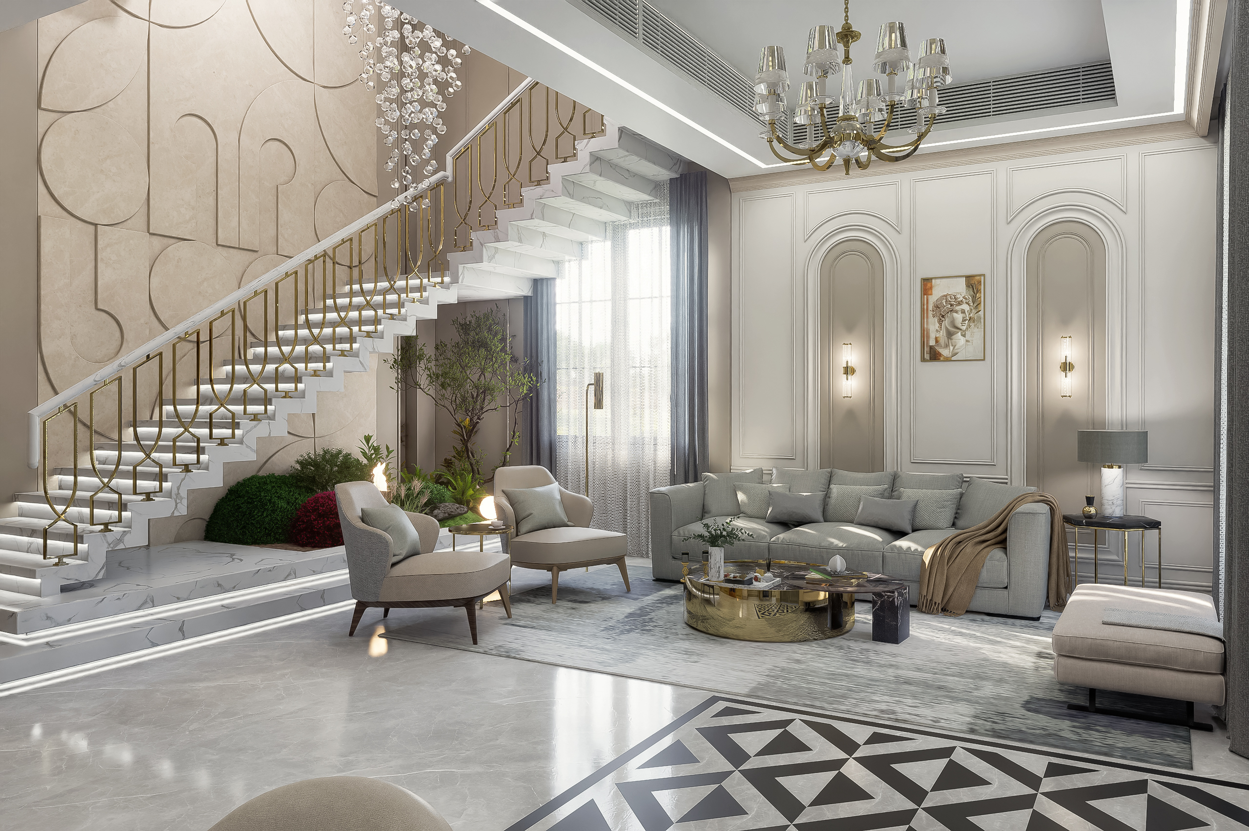 Luxury double-height living room with marble staircase, elegant chandelier, and modern classic interiors.