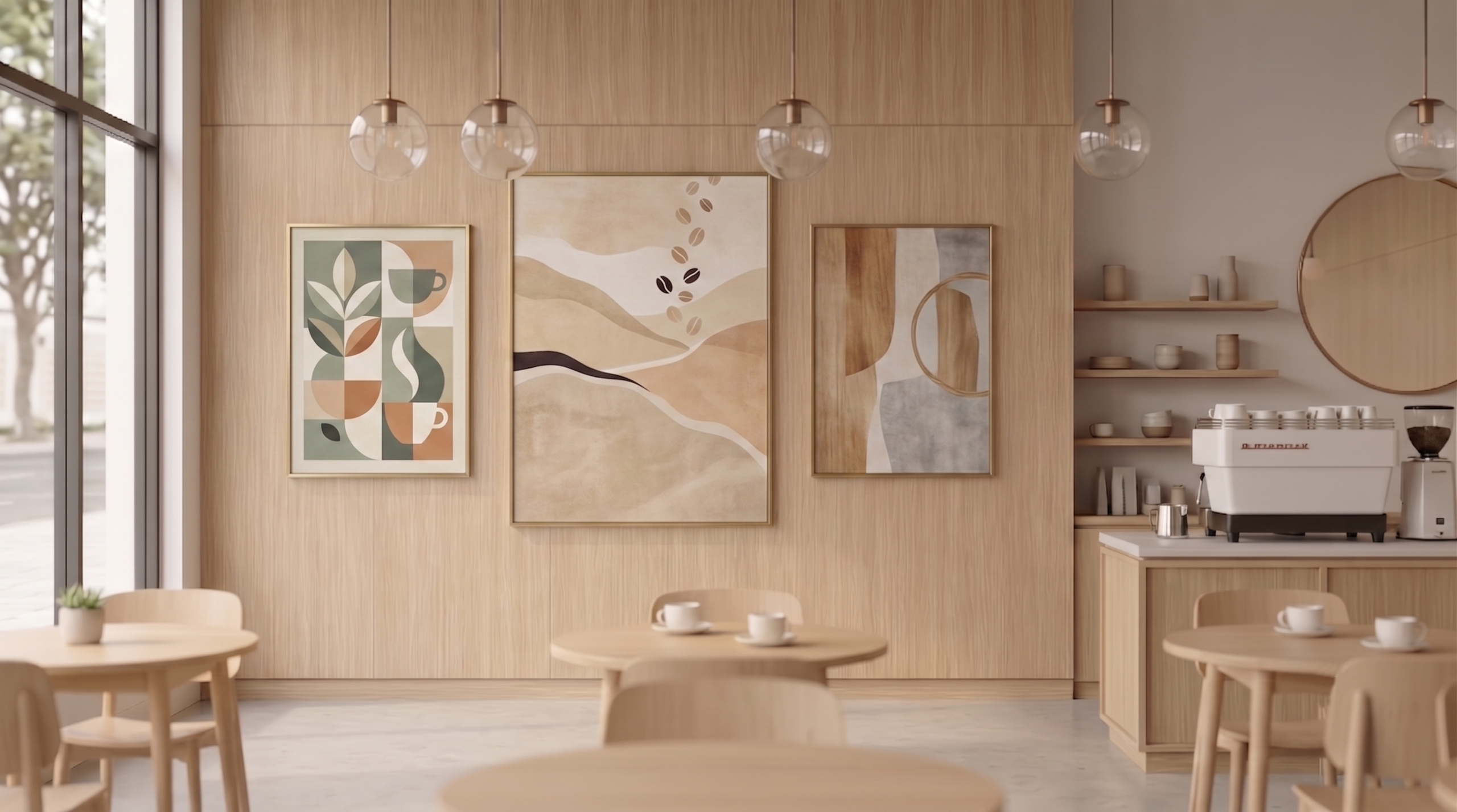 Modern café interior with wood-paneled walls, abstract artwork, and elegant pendant lighting.