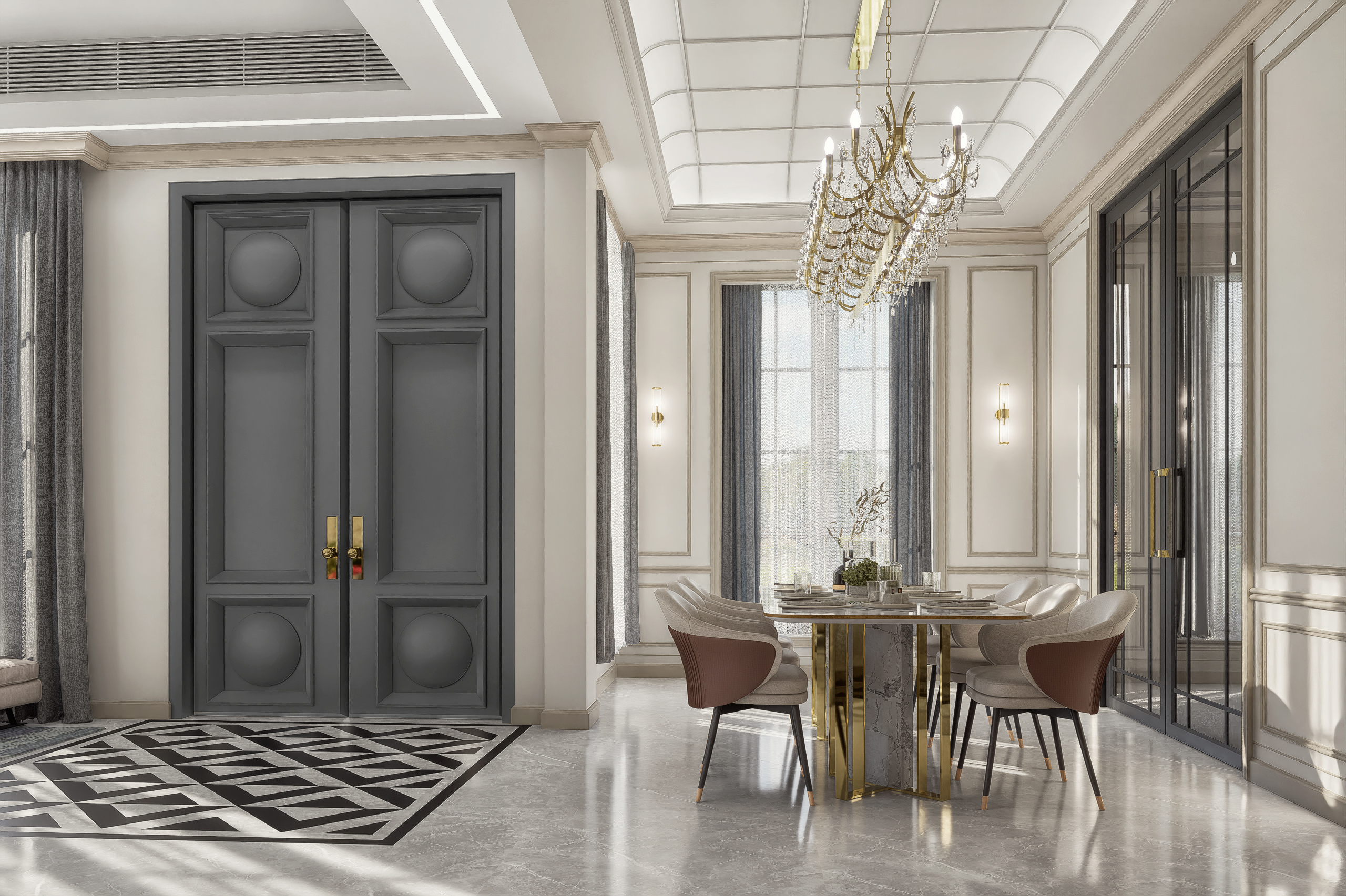 Elegant dining area featuring a marble dining table, upholstered chairs, luxury chandelier, and classic wall detailing.