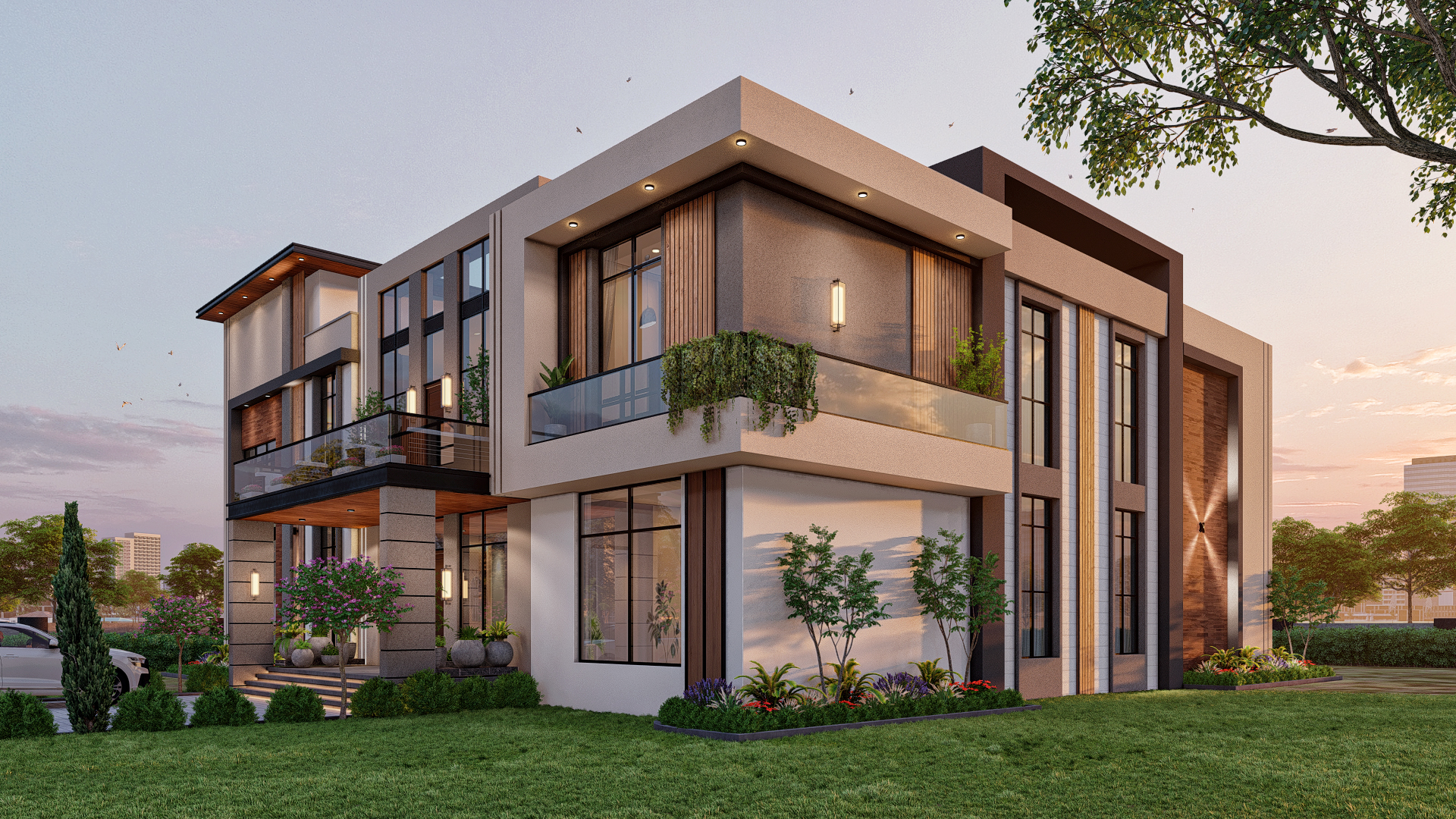Luxury modern home exterior with spacious driveway and greenery.