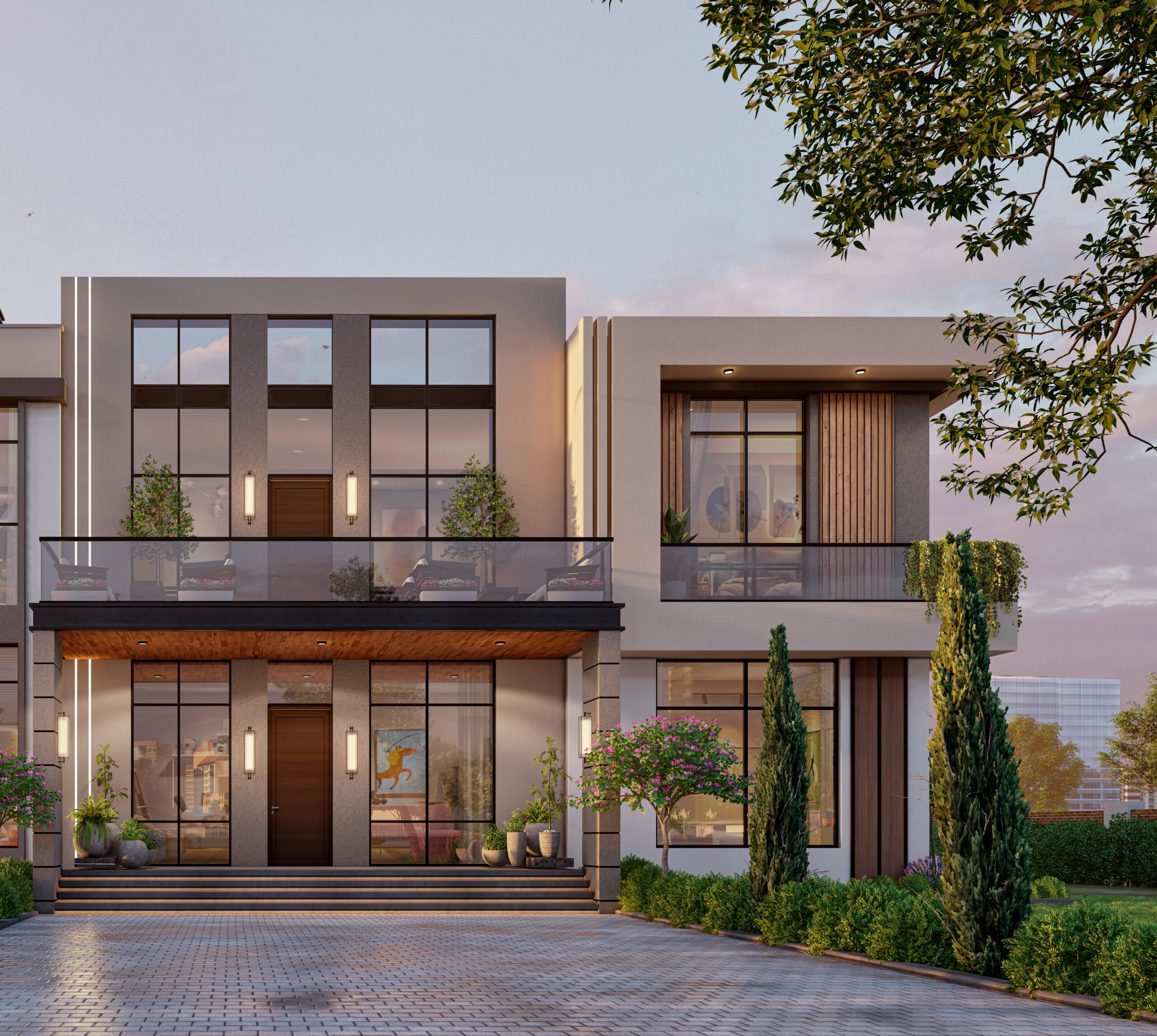 Modern luxury villa exterior with glass balconies and landscaped entrance.