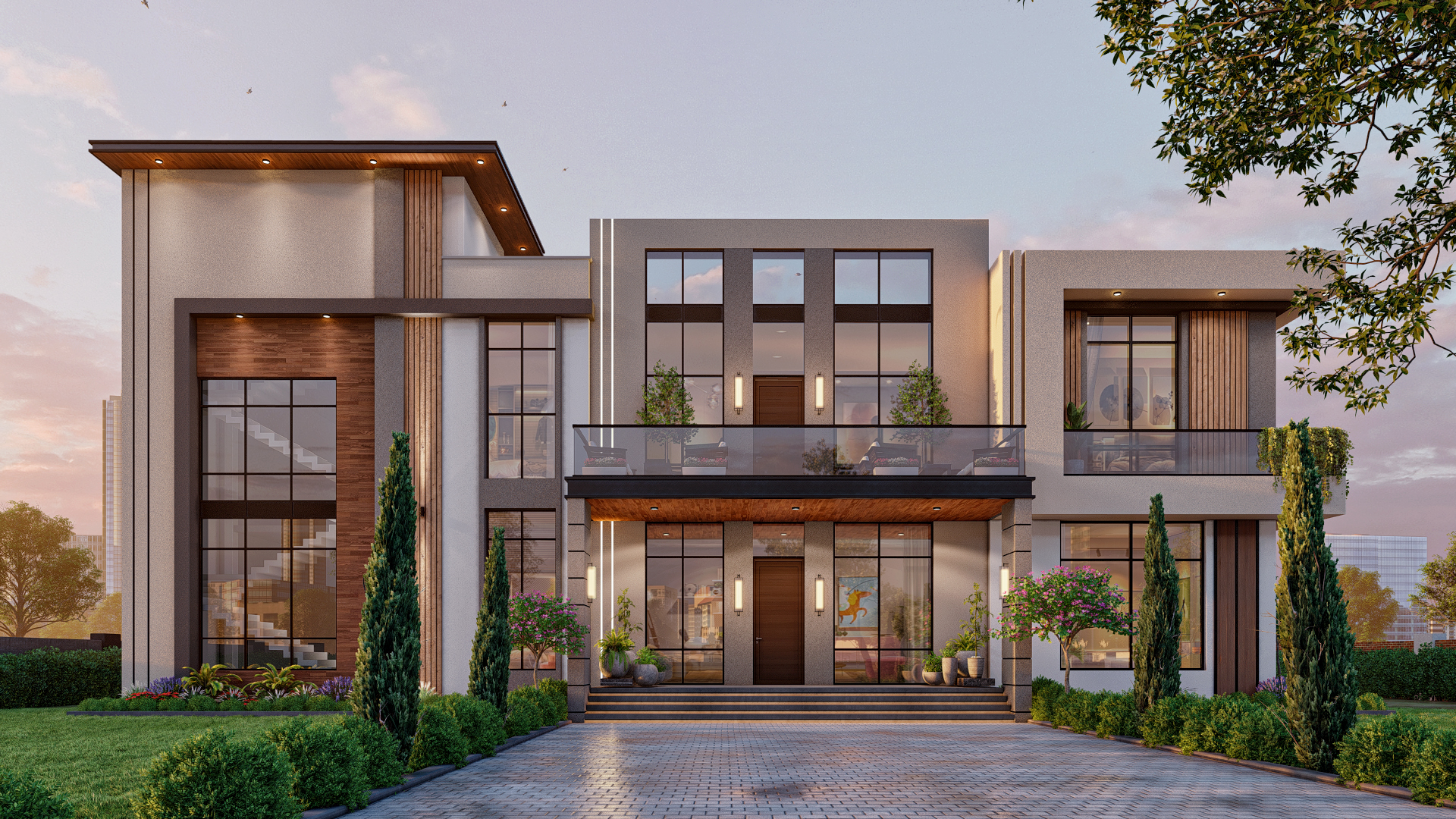 Contemporary two-story house with modern facade and evening lighting.