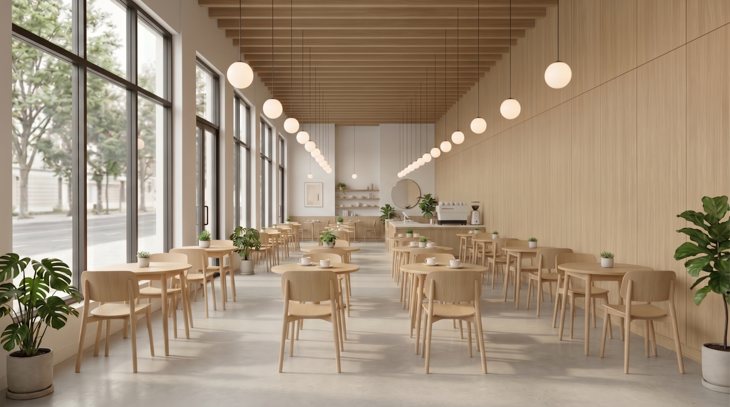 Modern café interior with warm wood finishes, natural light, and minimalist seating.