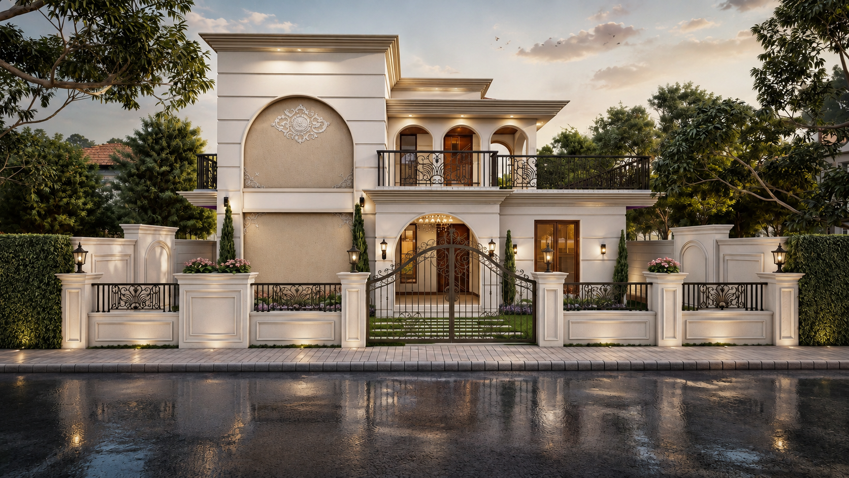 Luxury 3D exterior rendering of a modern classical villa with elegant facade, decorative railings, landscape, and warm architectural lighting.