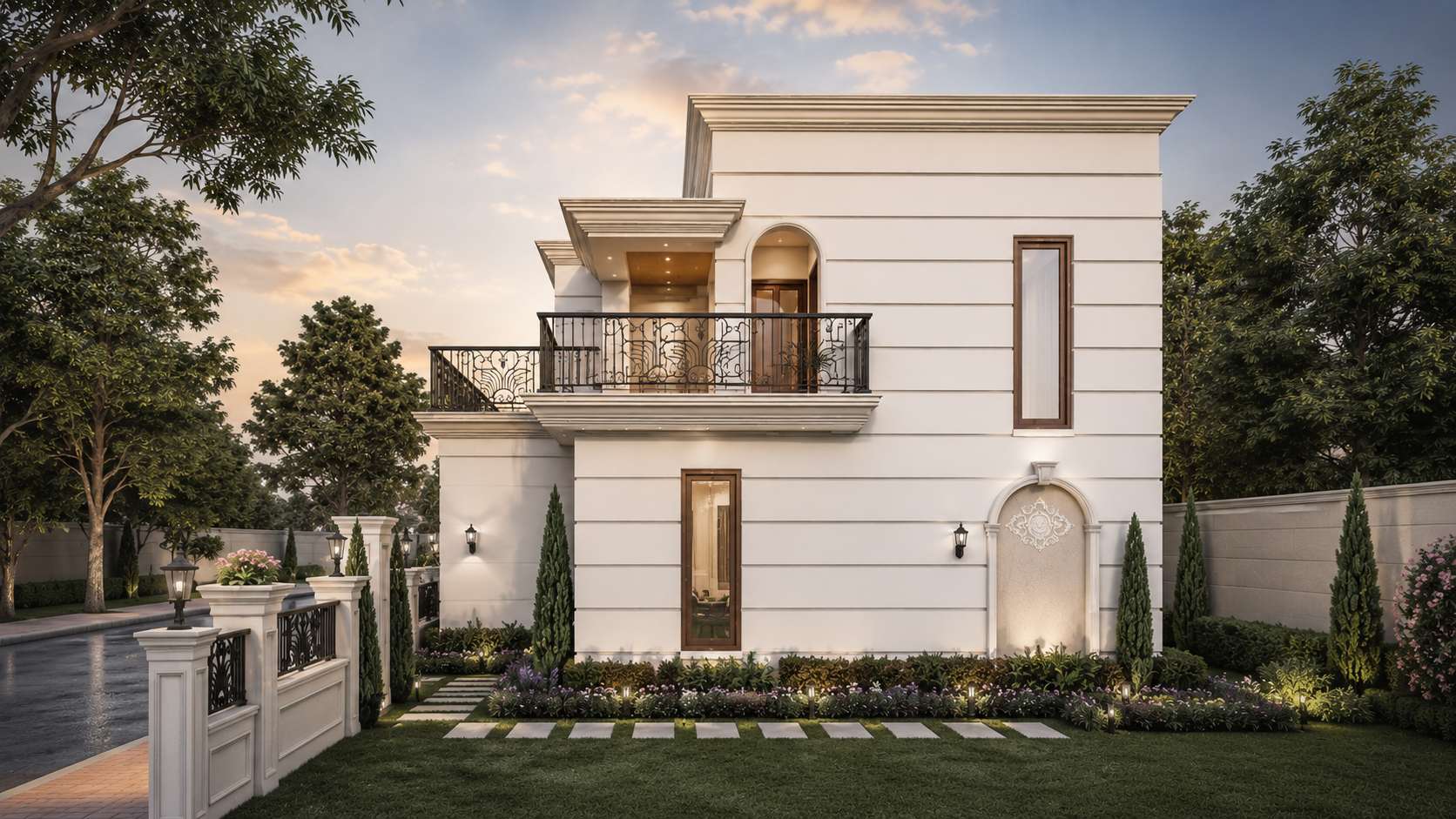 3D exterior rendering of a luxury villa side elevation with elegant facade, balcony, landscape, and warm lighting.