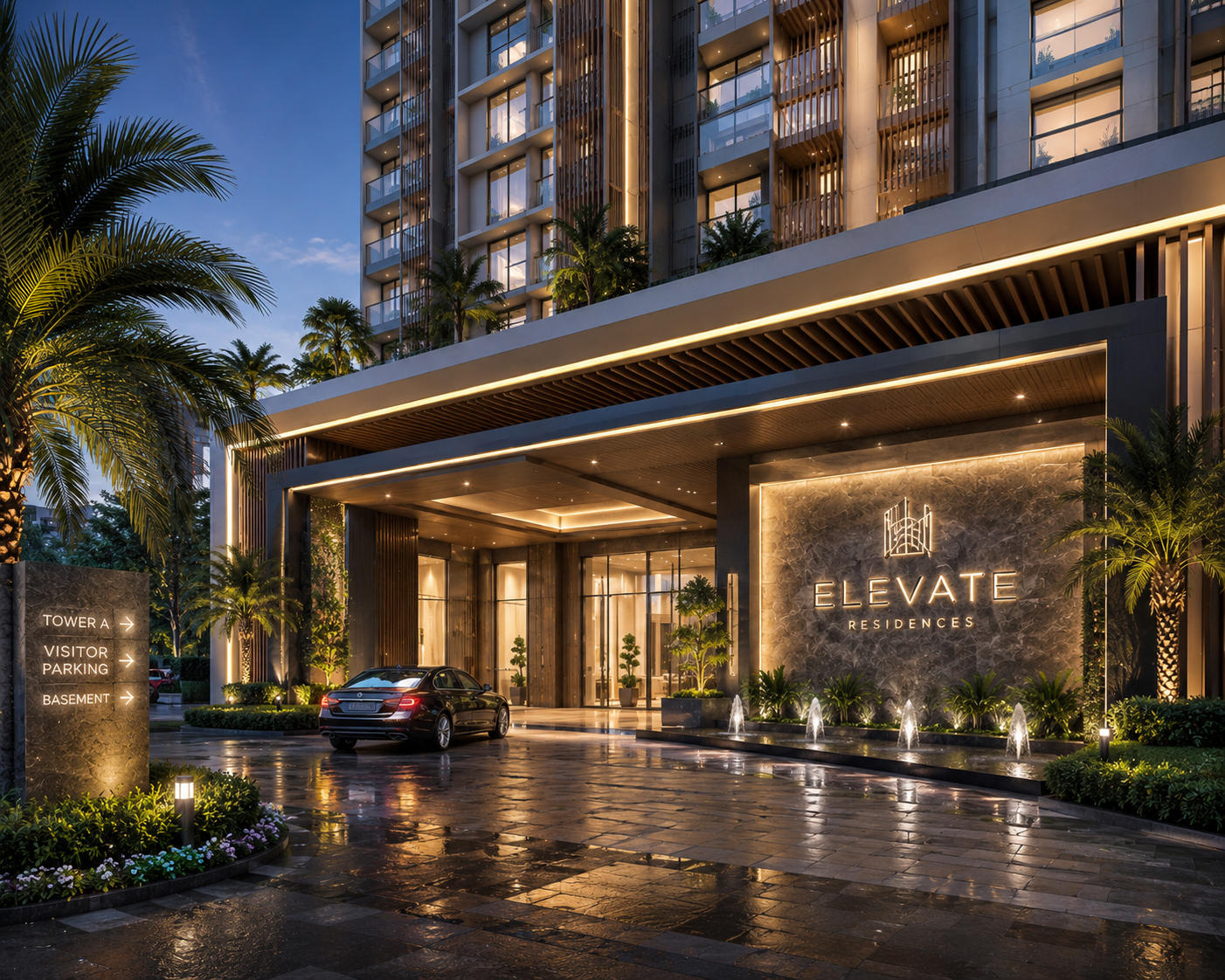 Modern luxury apartment entrance with premium landscaping and elegant facade.