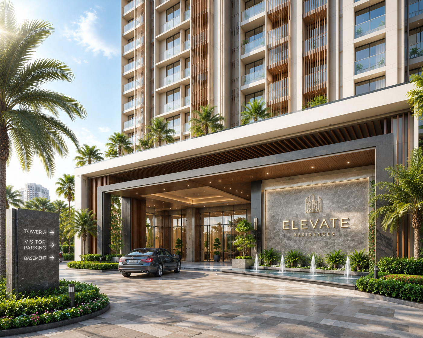 Luxury apartment entrance illuminated at night with modern facade and water features.