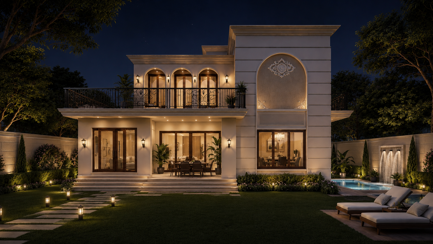 Luxury villa exterior 3D rendering with illuminated landscape at night.