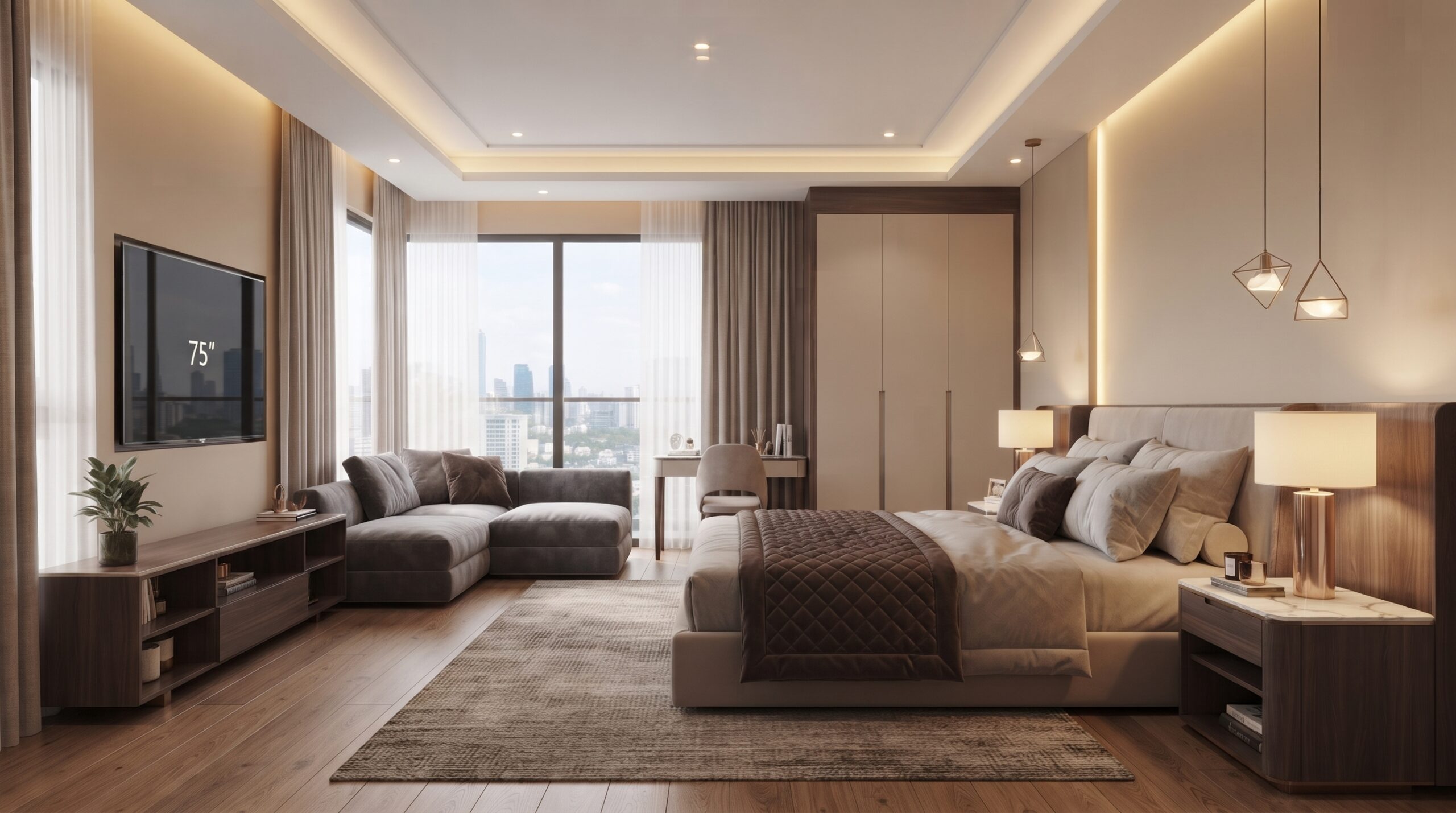 Luxury master bedroom with modern furniture and warm lighting.