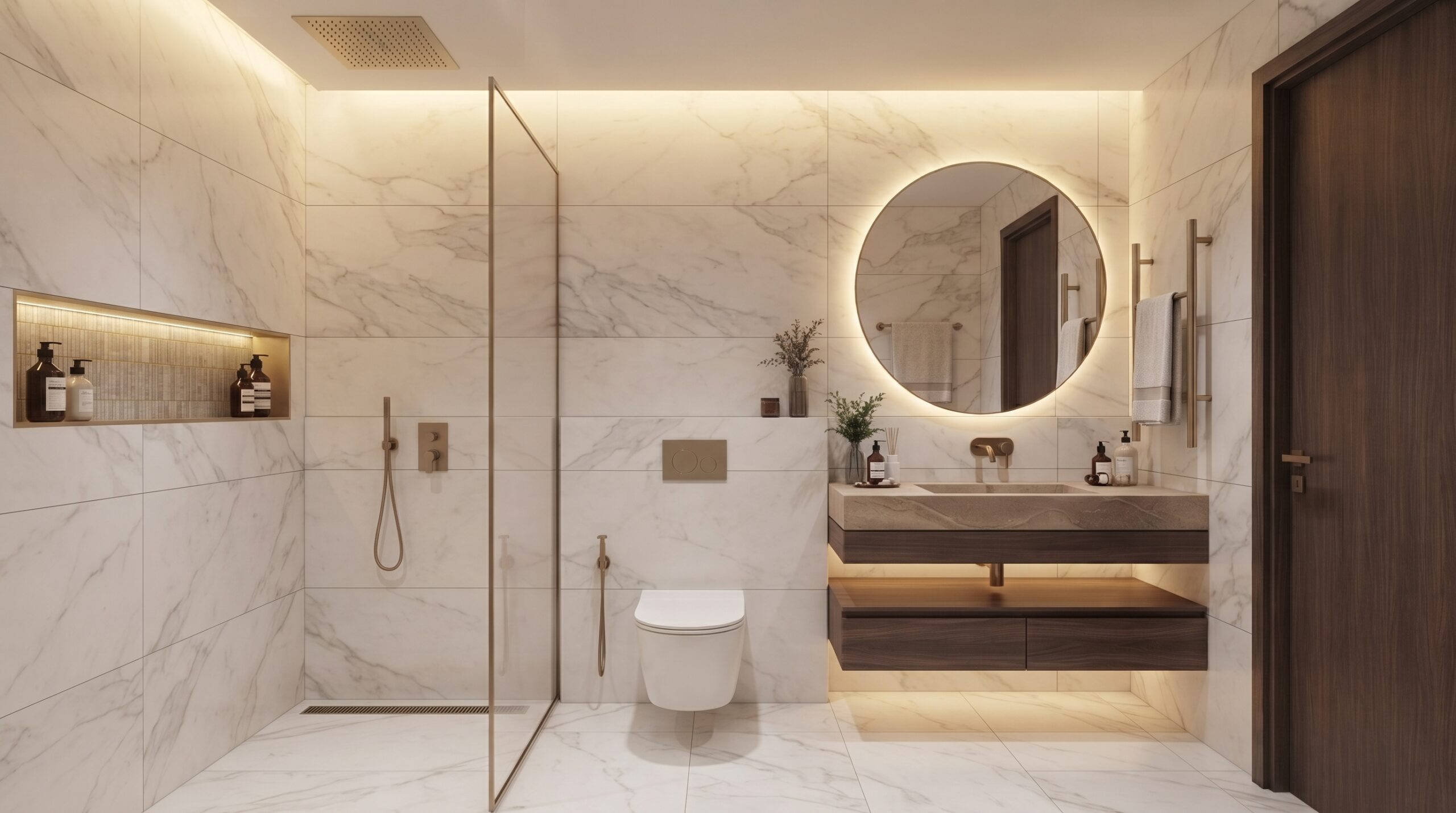 Modern marble bathroom with walk-in shower and floating vanity.